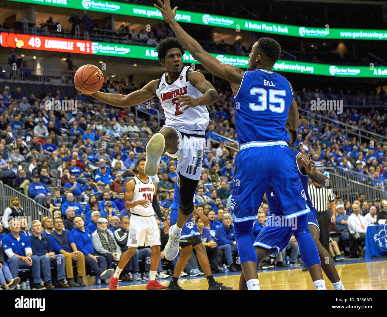 Newark, New Jersey, USA. 3rd Dec, 2018. Louisville Cardinals guard Darius Perry (2) looks to pass in the second half during NCAA Men's action between the Seton Hall Pirates and the Louisville Cardinals at the Prudential Center in Newark, New Jersey. Louisville defeated Seton Hall 70-65. Duncan Williams/CSM/Alamy Live News Stock Photo