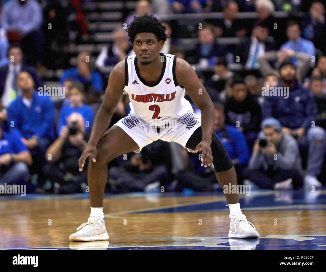Newark, New Jersey, USA. 3rd Dec, 2018. Louisville Cardinals guard Darius Perry (2) on the defense in the second half during NCAA Men's action between the Seton Hall Pirates and the Louisville Cardinals at the Prudential Center in Newark, New Jersey. Louisville defeated Seton Hall 70-65. Duncan Williams/CSM/Alamy Live News Stock Photo