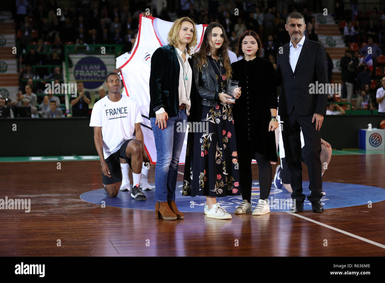 Limoges, France. 3rd Dec, 2018. A Tribute is paid to Frédéric Forte,  emblematic Limoges and France player, in presence of his widow and two  daughter, accompanied by the FFBB president Jean-Pierre Siutat.