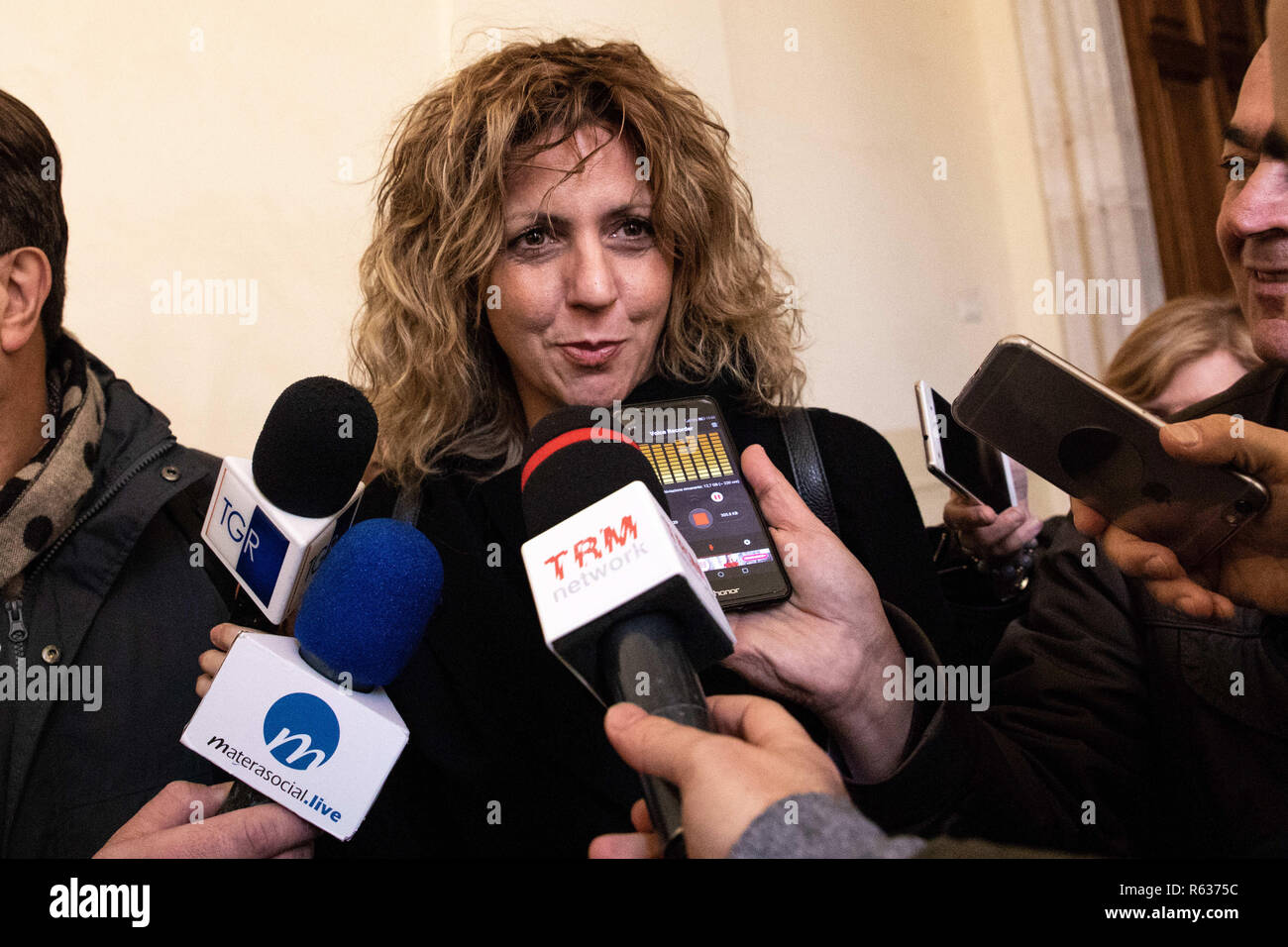 Matera, Italy. 3rd Dec, 2018. The Minister of the South Barbara lezzi seen speaking at a press conference after the coordination meeting with the Municipality of Matera, the Matera Foundation 2019, FAL, Anas, Invitalia to check the time schedule of the infrastructural works planned for Matera 2019. Credit: Cosimo Martemucci/SOPA Images/ZUMA Wire/Alamy Live News Stock Photo