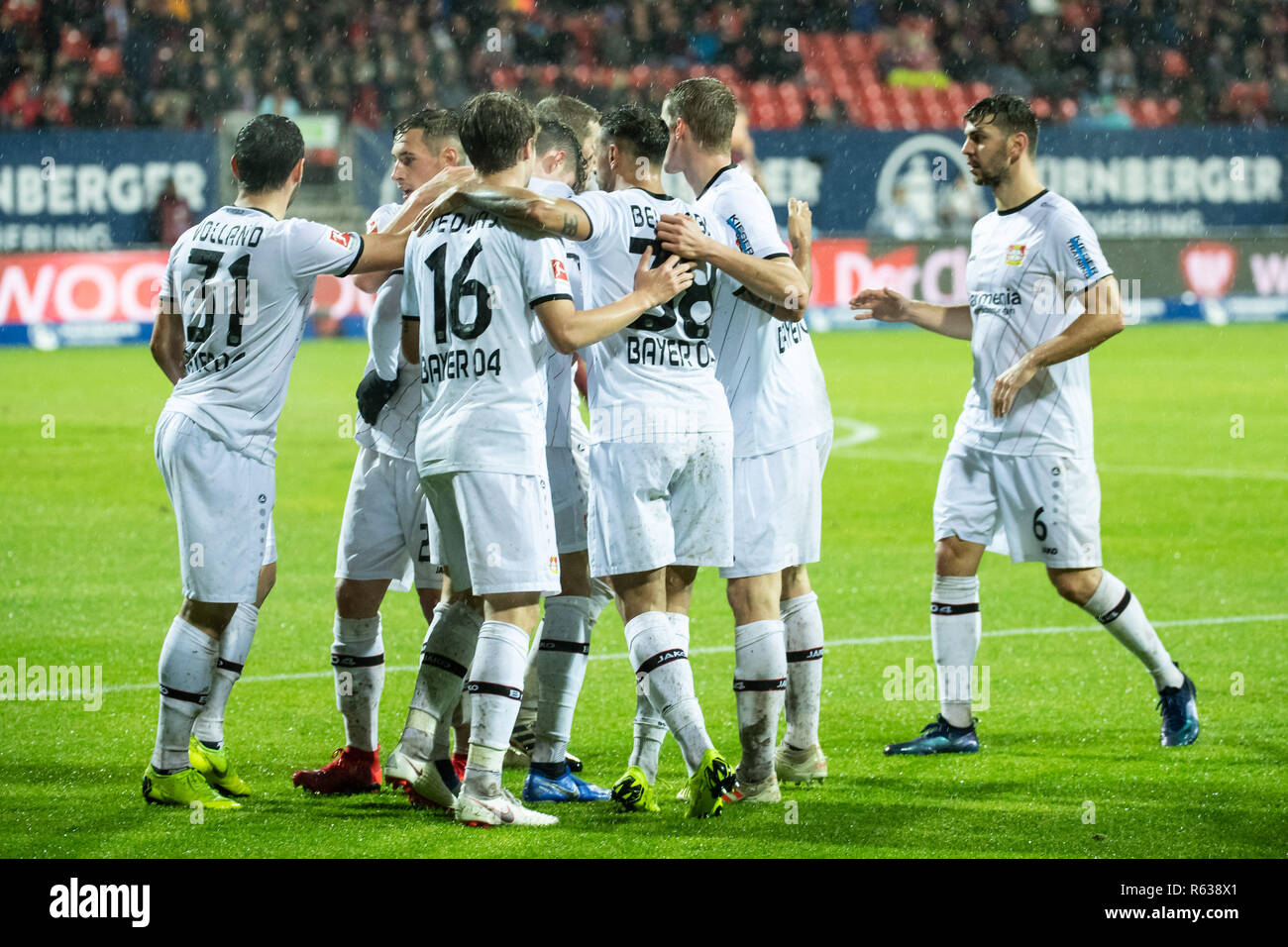 Nuremberg, Germany. 3rd Dec, 2018. Leverkusen's players celebrate scoring during a German Bundesliga between 1.FC Nuremberg and Bayer 04 Leverkusen, in Nuremberg, Germany, on Dec. 3, 2018. The match ended 1-1. Credit: Kevin Voigt/Xinhua/Alamy Live News Stock Photo