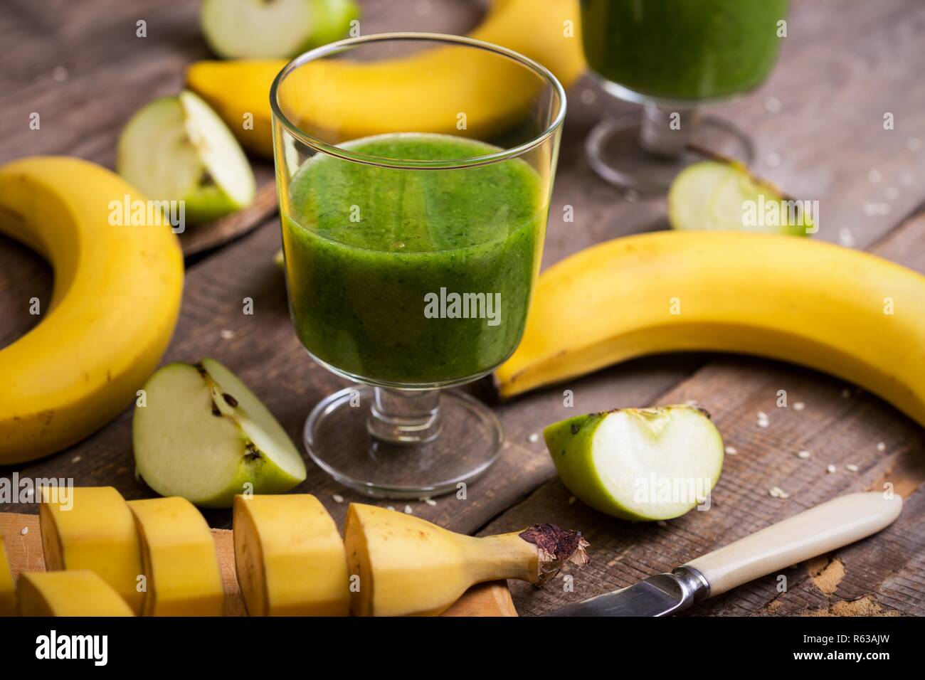 healthy breakfast parsley, apple and banana smoothies. raw foods and