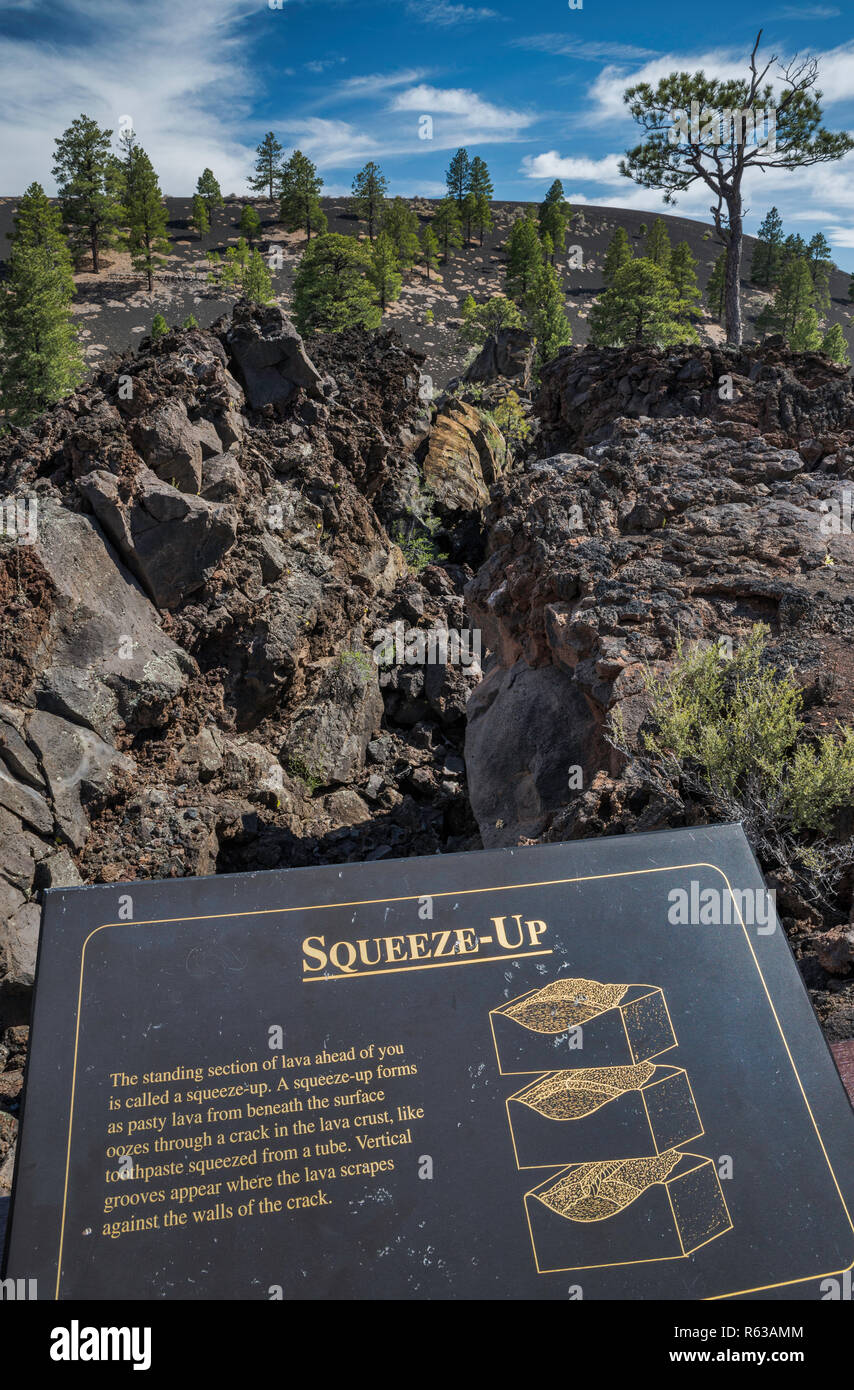 Sign at squeeze-up section in Bonito Lava Flow, Sunset Crater Volcano National Monument, Arizona, USA Stock Photo