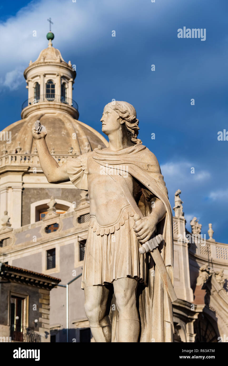 Statue outside the Duomo and Church of the Badia di St. Agata. Catania, Sicily, Italy Stock Photo