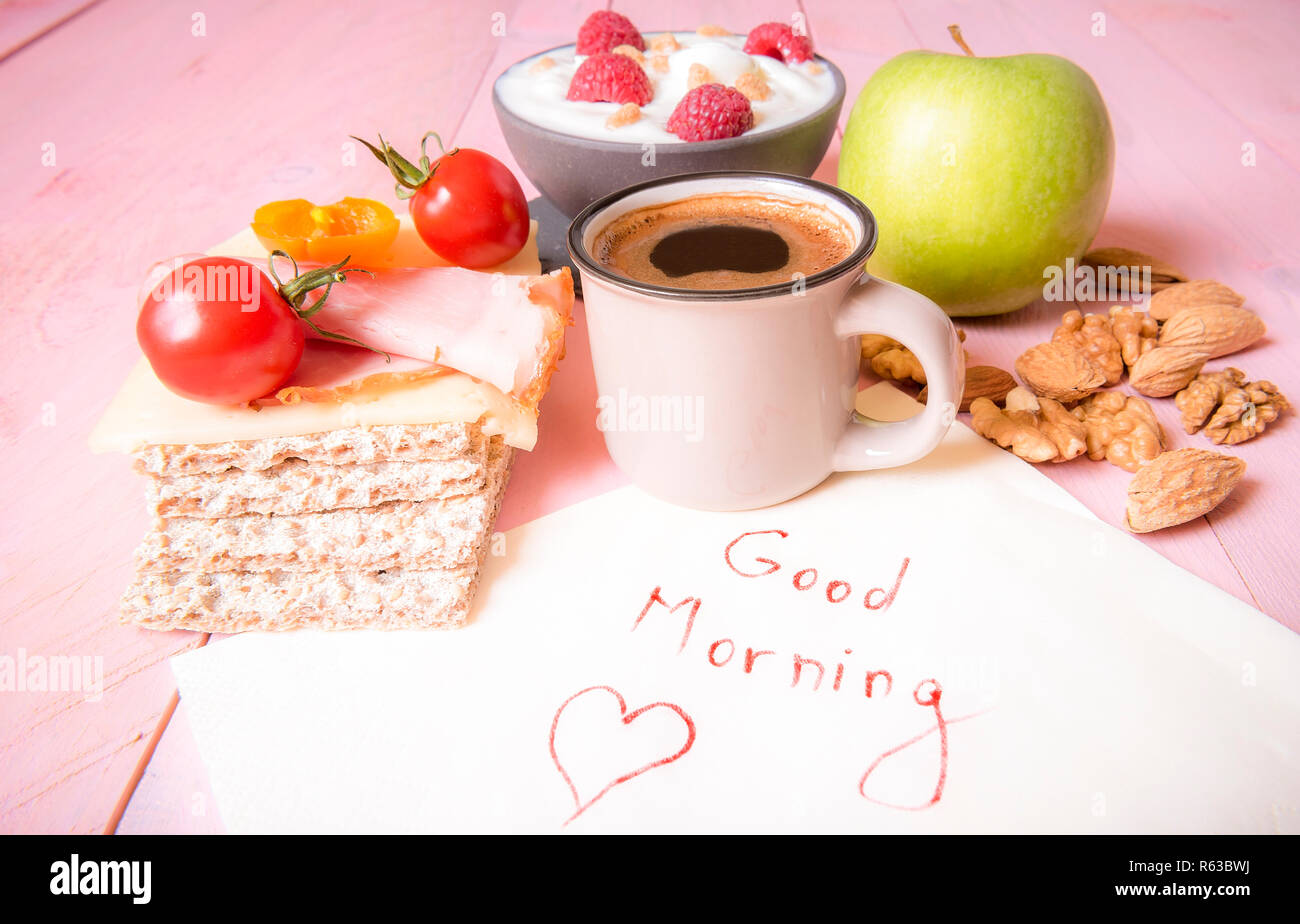 Healthy food and good morning message Stock Photo - Alamy