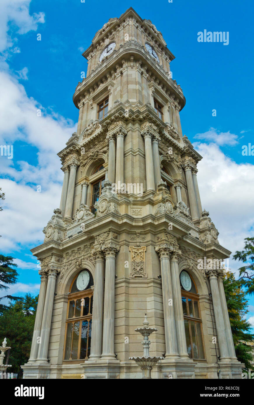 Dolmabahce Saat Kulesi, Dolmabahce Clock Tower, Dolmabahce Sarayi, Dolmabache palace grounds, Kabatas, Istanbul, Turkey, Eurasia Stock Photo