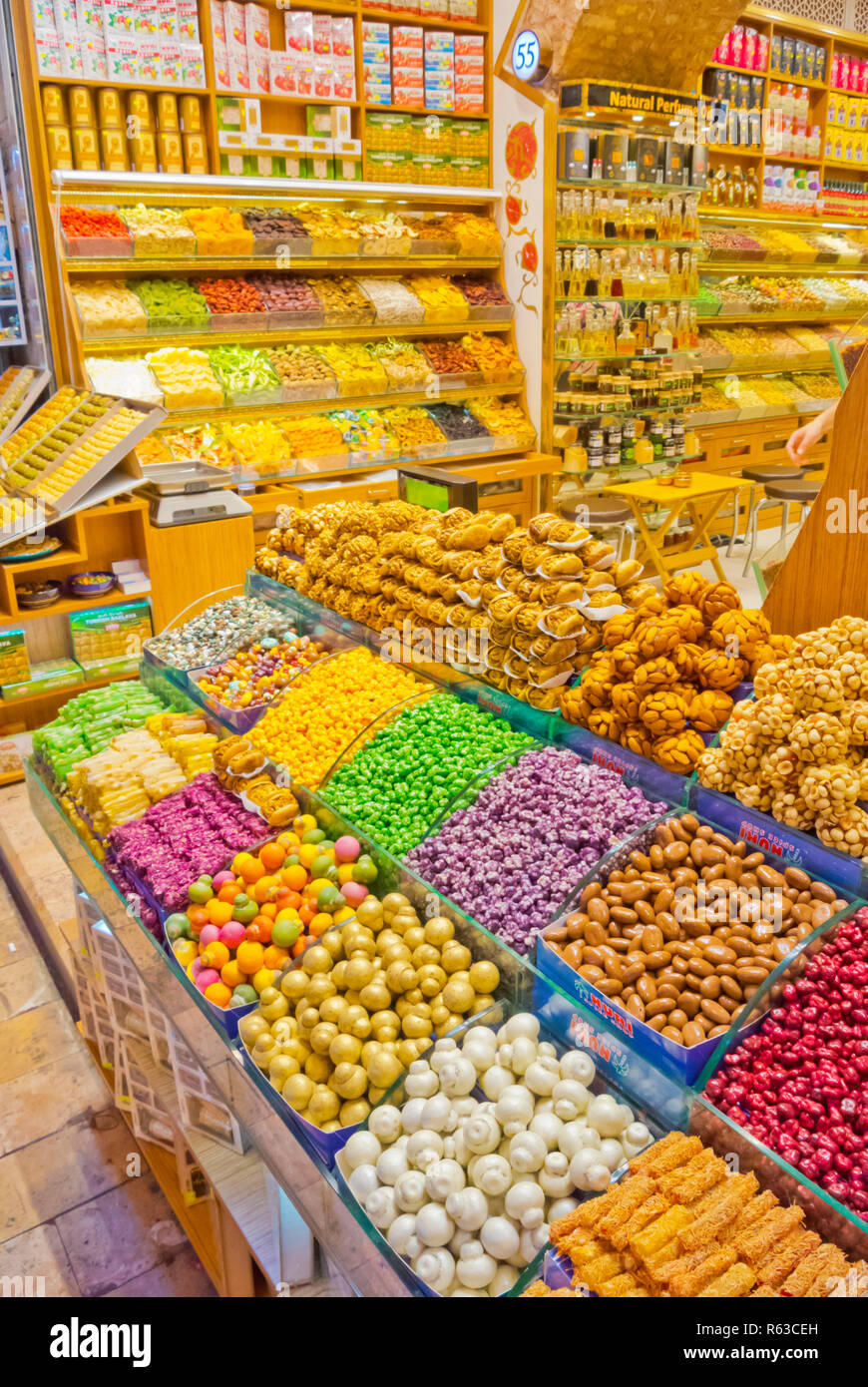 Turkish delight shop, Misir Carsisi, Spice Bazaar, Fatih, Istanbul, Turkey, Eurasia Stock Photo