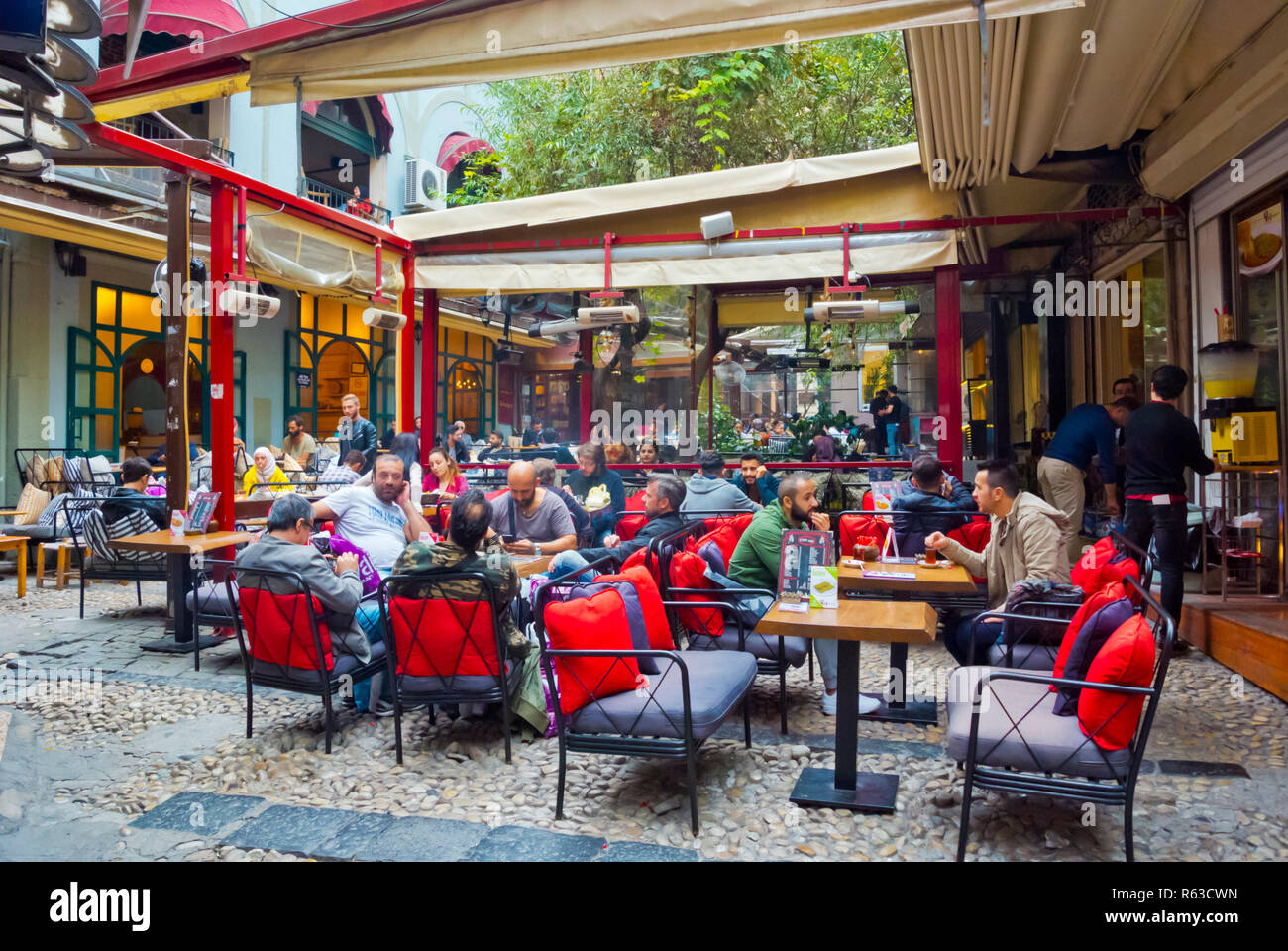 Cafe and teahouse terraces, Hazzo Pulo Pasaji, Beyoglu, Istanbul, Turkey, Eurasia Stock Photo