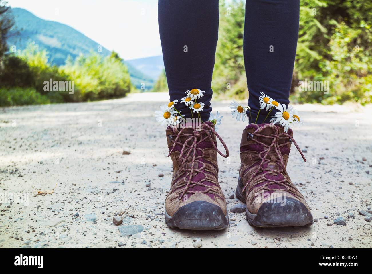 hiking boots close-up. girl tourist in 