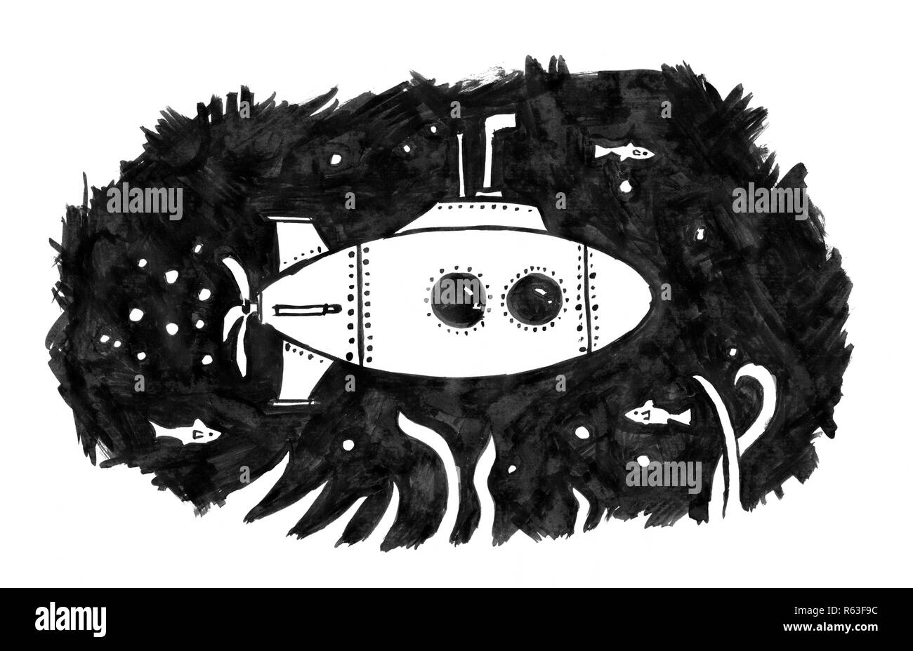 Black Ink Grunge Hand Drawing of Retro Submarine in Ocean Stock Photo