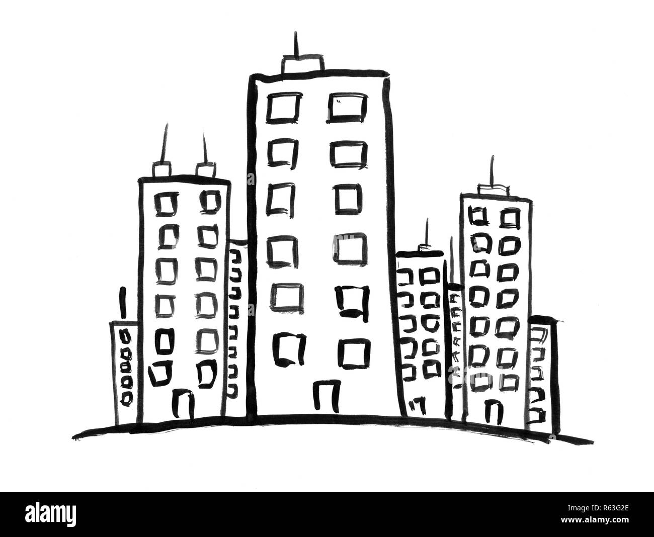 Black Ink Grunge Hand Drawing of High Apartment Flats Blocks or Houses Stock Photo