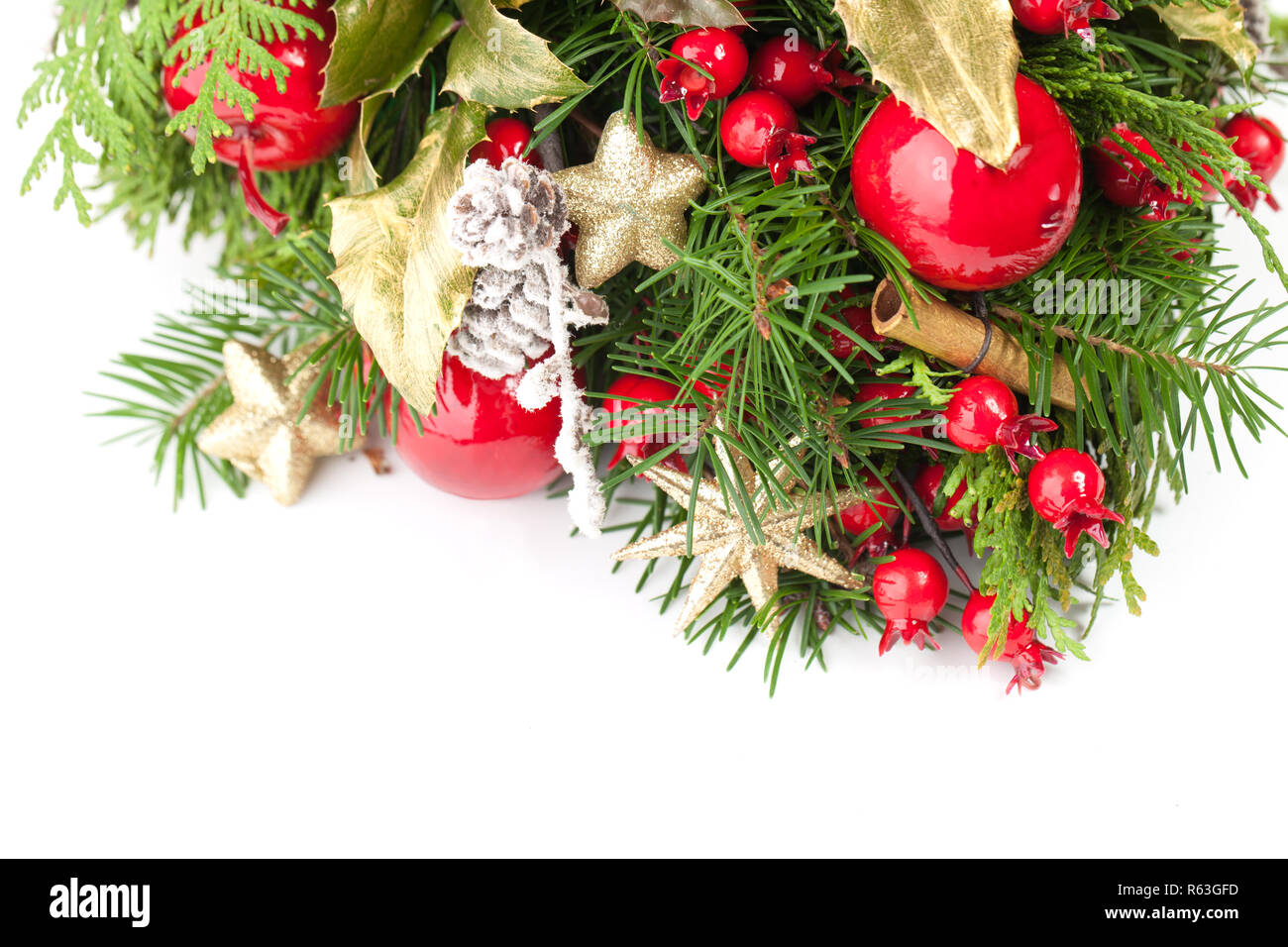 New Year or Christmas background with green Xmas tree twig and decoration Stock Photo
