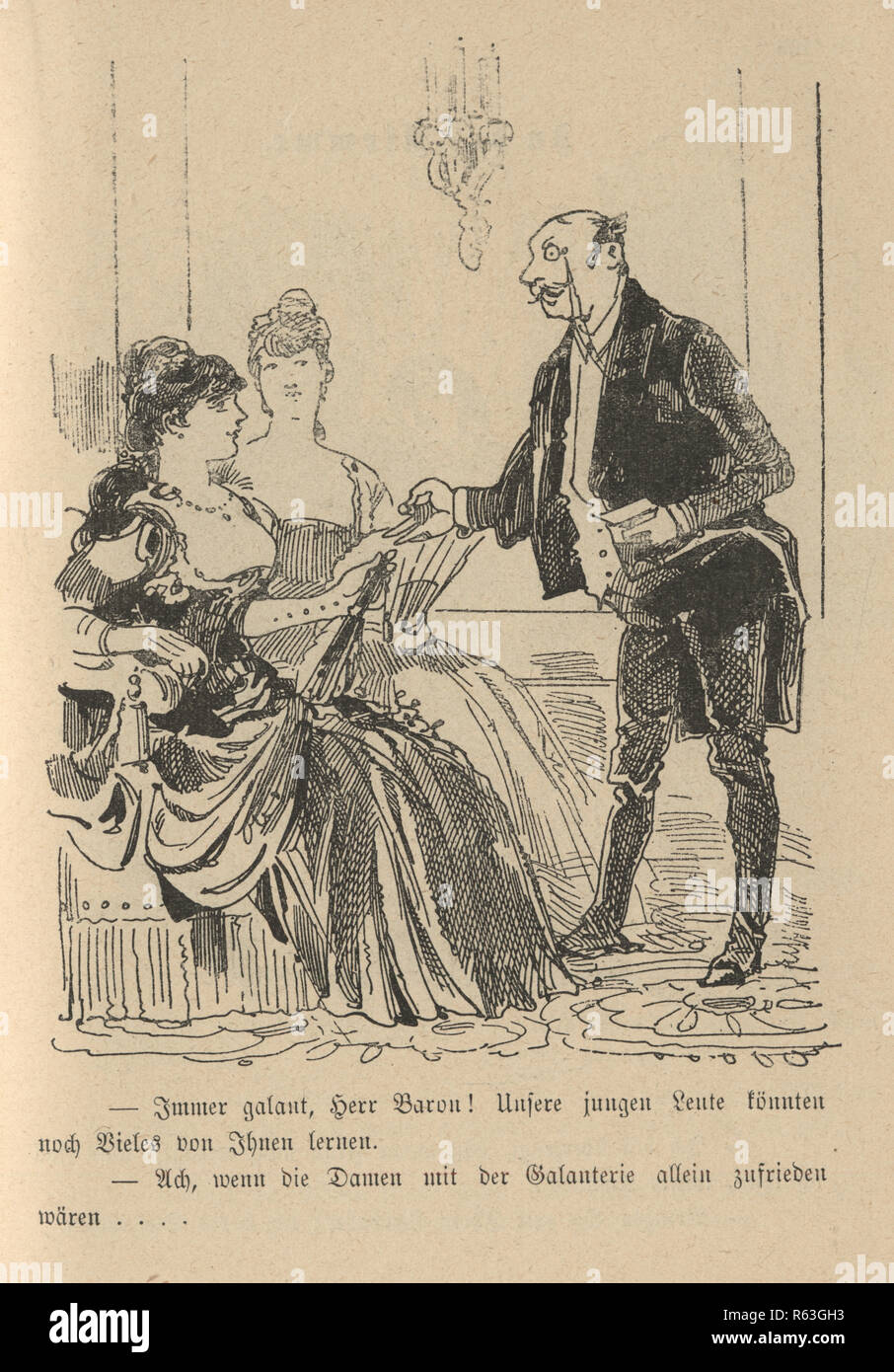 Vintage engraving of a Victorian cartoon of a man wearing a monocle, talking to two woman at a party 19th Century German Stock Photo