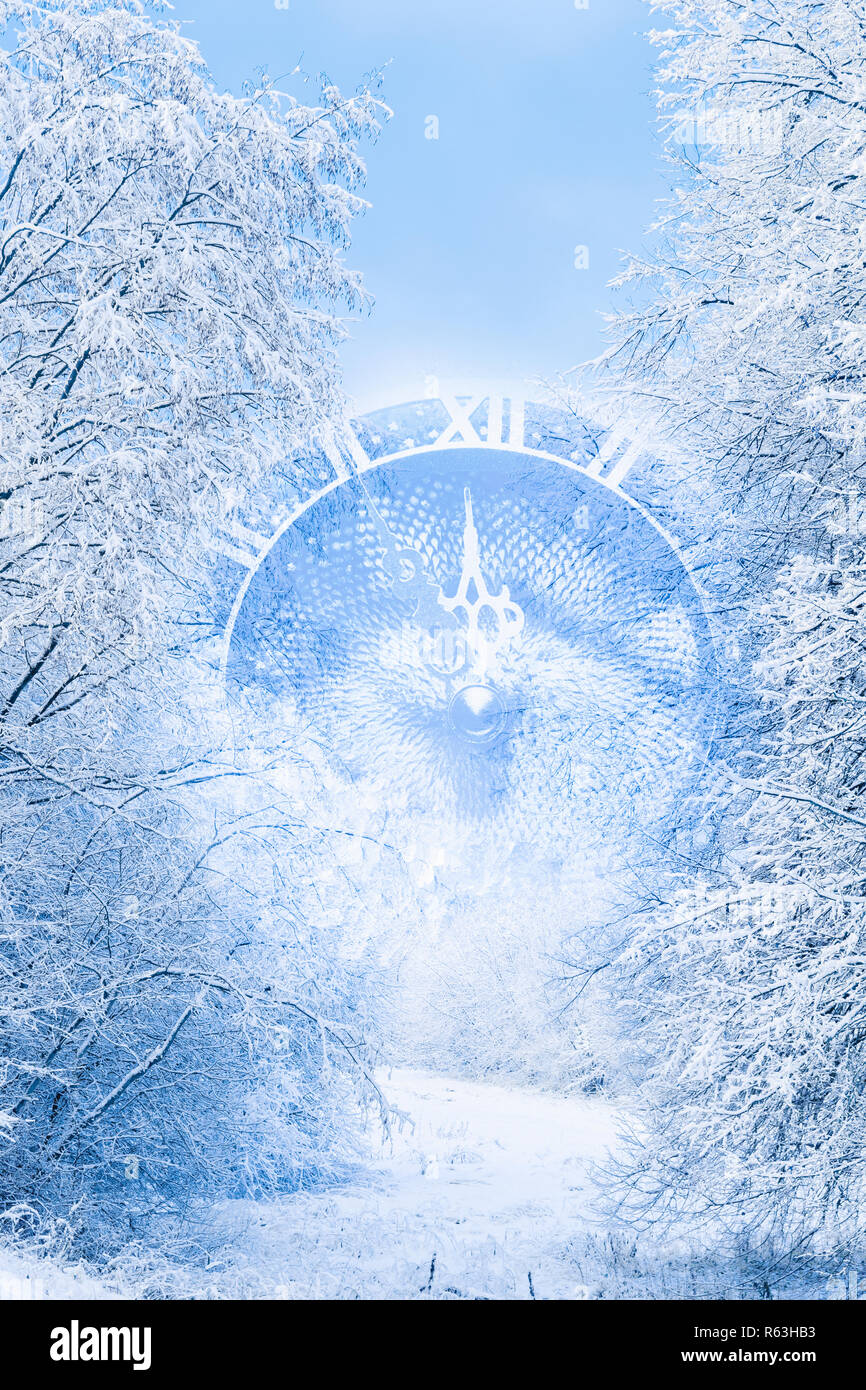 Abstract New Year landscape with snowy forest and clock watching ...