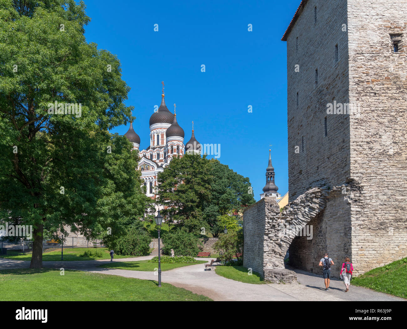 Harjumägi park looking towards Alexander Nevsky Cathedral with Maiden Tower to the right, Old Town (Vanalinn), Tallinn, Estonia Stock Photo