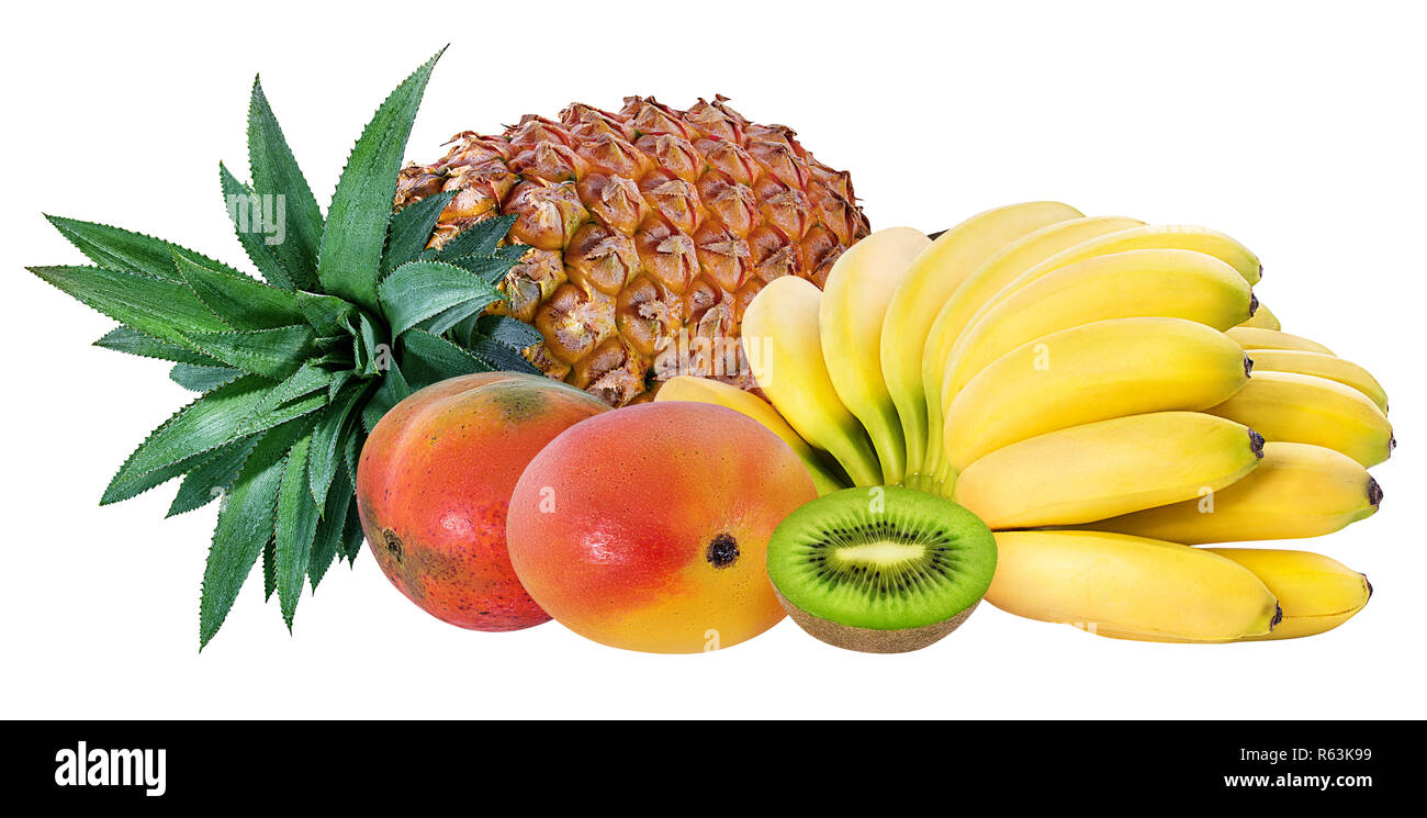 Pineapple, banana, kiwi and mango isolated on white background with
