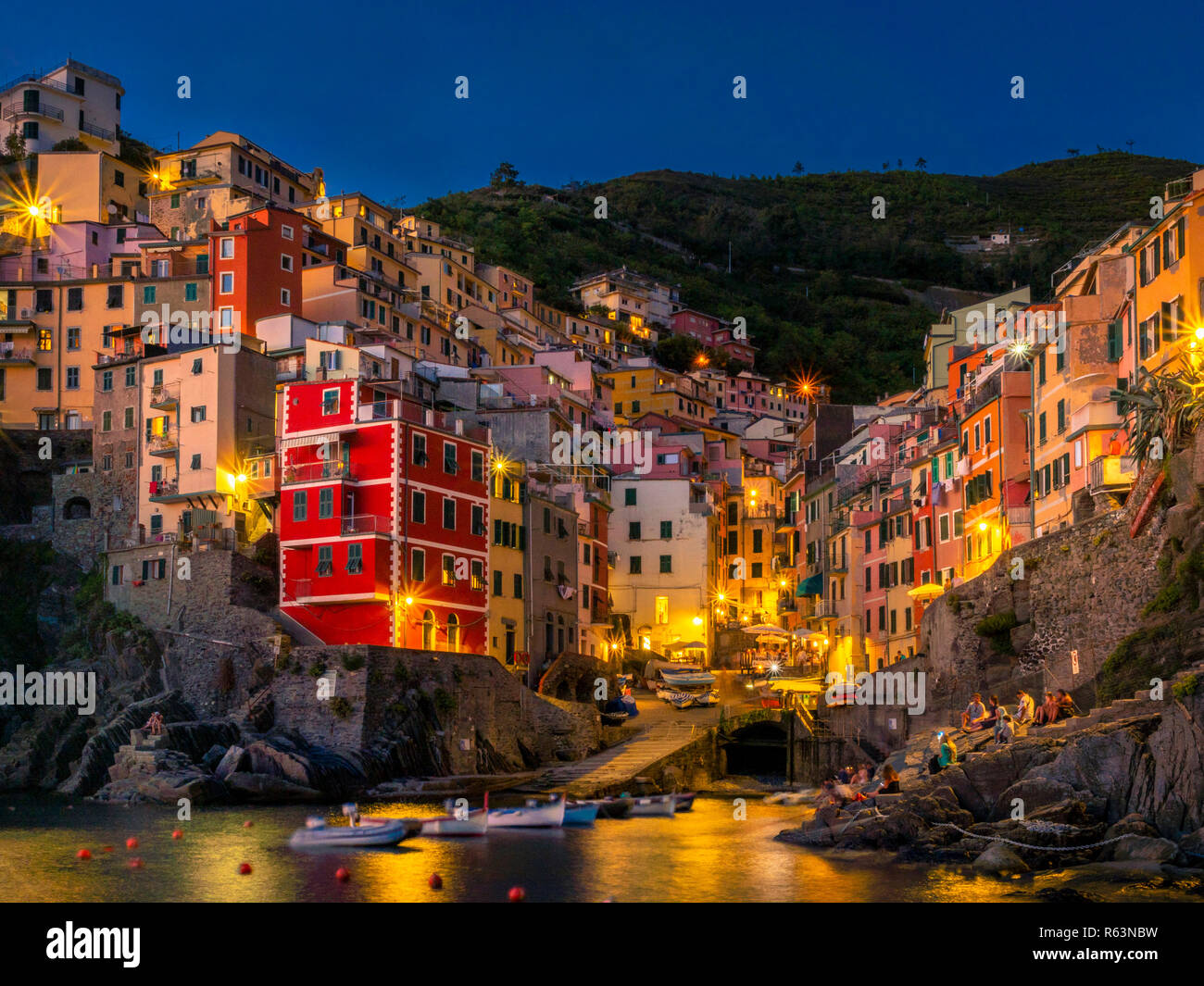 Fishing village Riomaggiore at night, Cinque Terre, La Spezia, Liguria, Italy, Europe Stock Photo