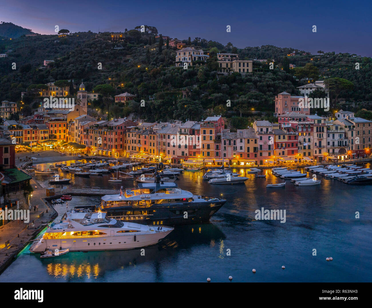 View of Portofino at Night, Golfo Paradiso, Province of Genoa, Riviera di Levante, Liguria, Italy, Europe Stock Photo