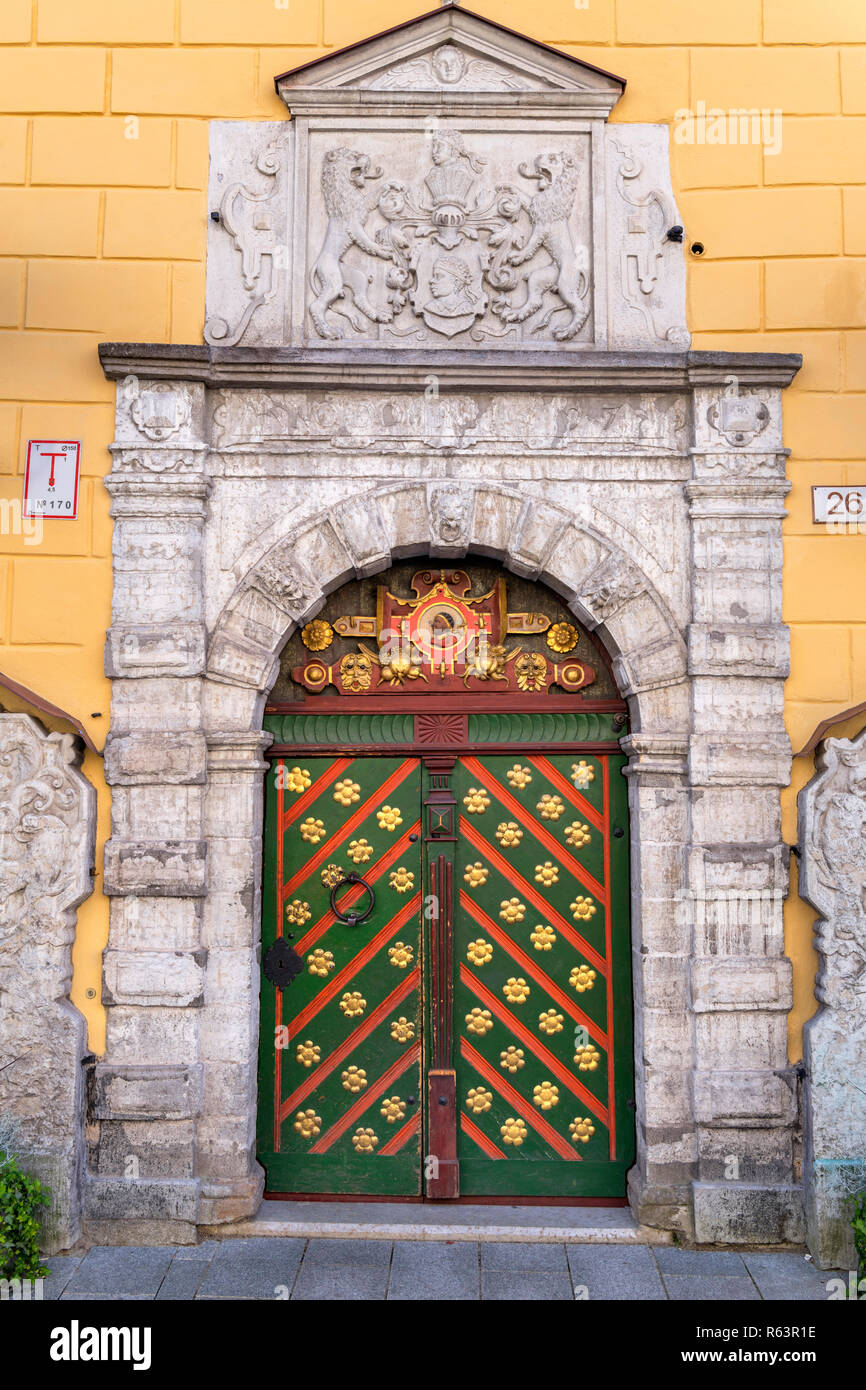 Door to the Brotherhood of the Blackheads guild on Pikk (Long Street) in the Old Town (Vanalinn), Tallinn, Estonia Stock Photo