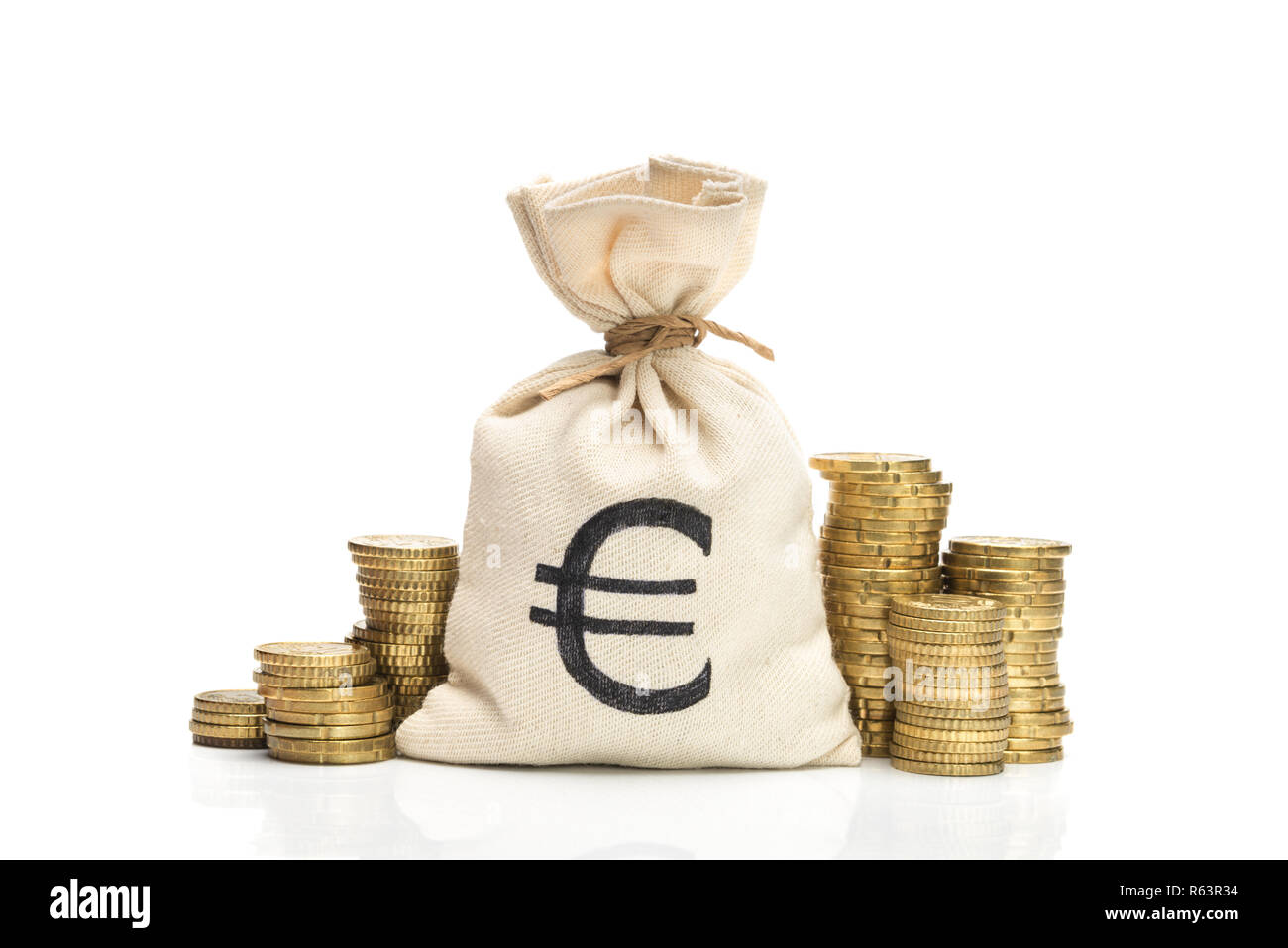 Money bag and Euro coins, isolated on white background Stock Photo - Alamy