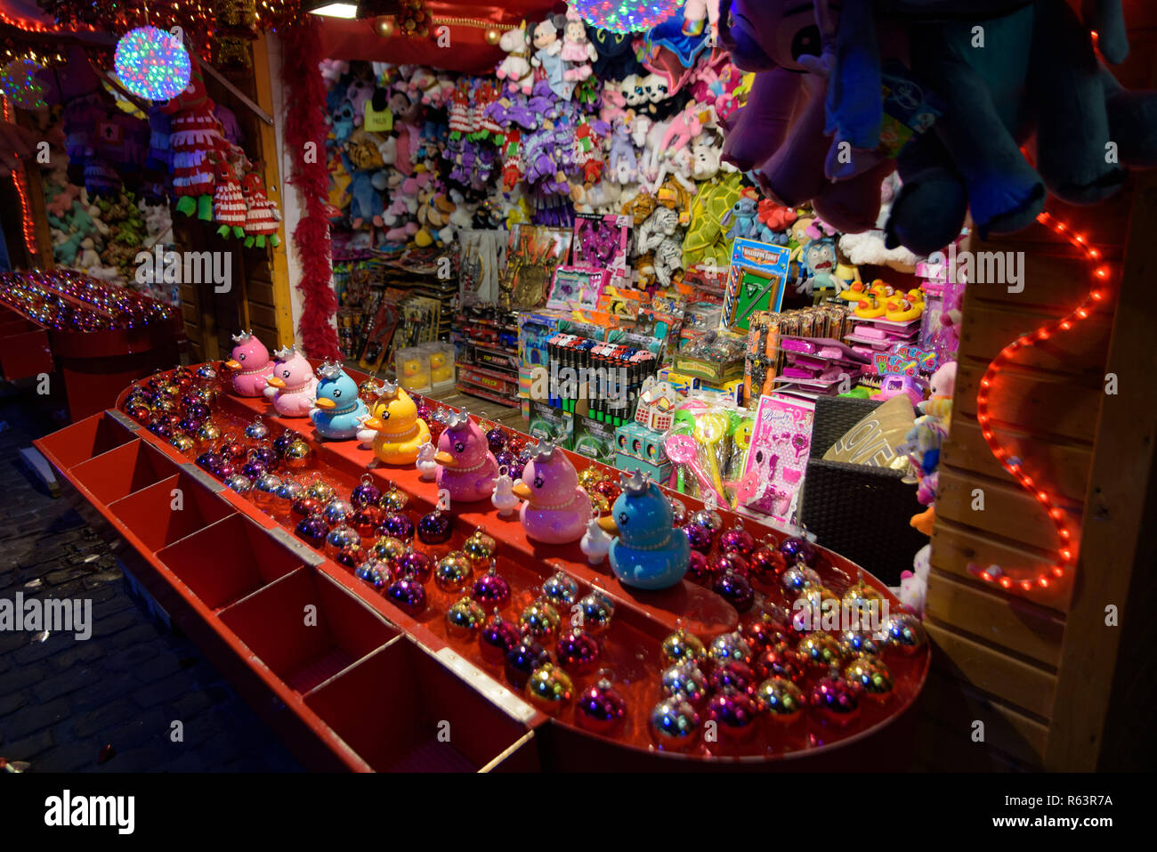 Toy and amusement stall in 2018 Christmas market in Brussels, Belgium Stock Photo