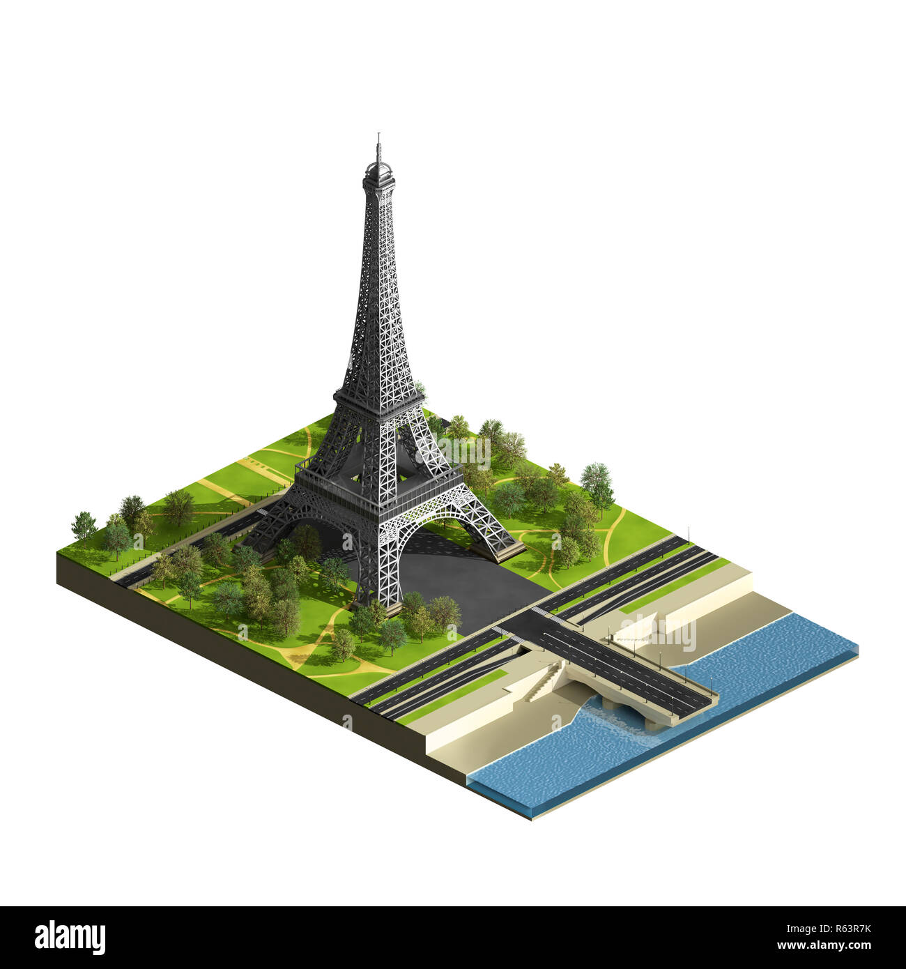 Eiffel tower with terrain isolated on the white. Champs de Mars. Isometric view. 3D render illustration. Stock Photo