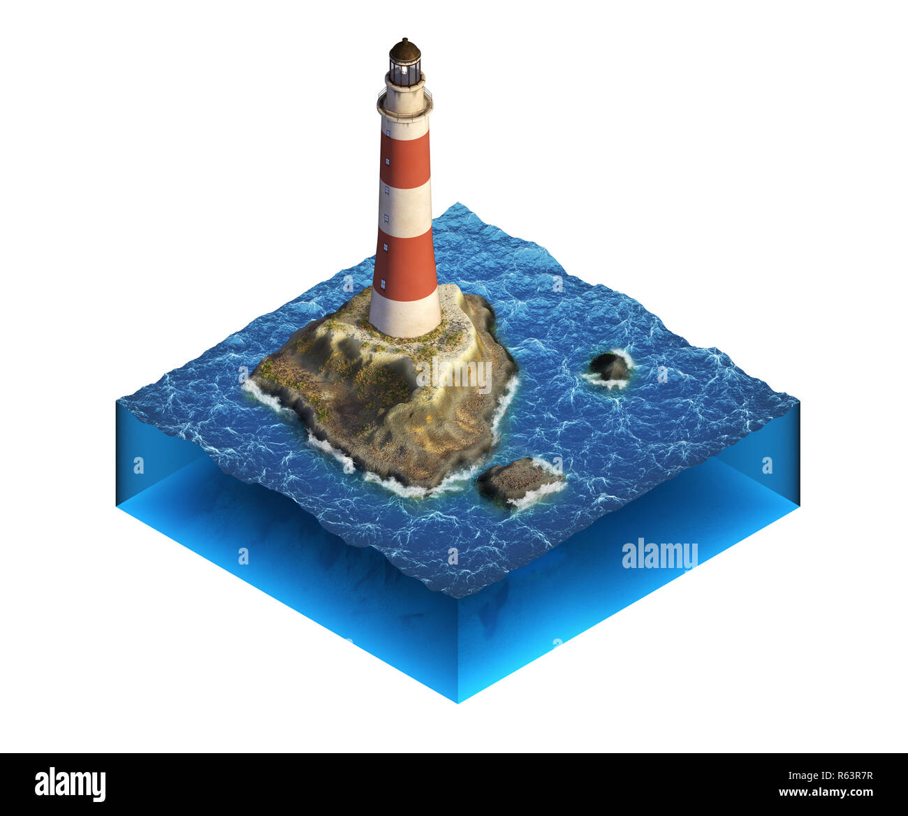 Small piece of ocean with islands and lighthouse. Isometric illustration. 3D render. Stock Photo