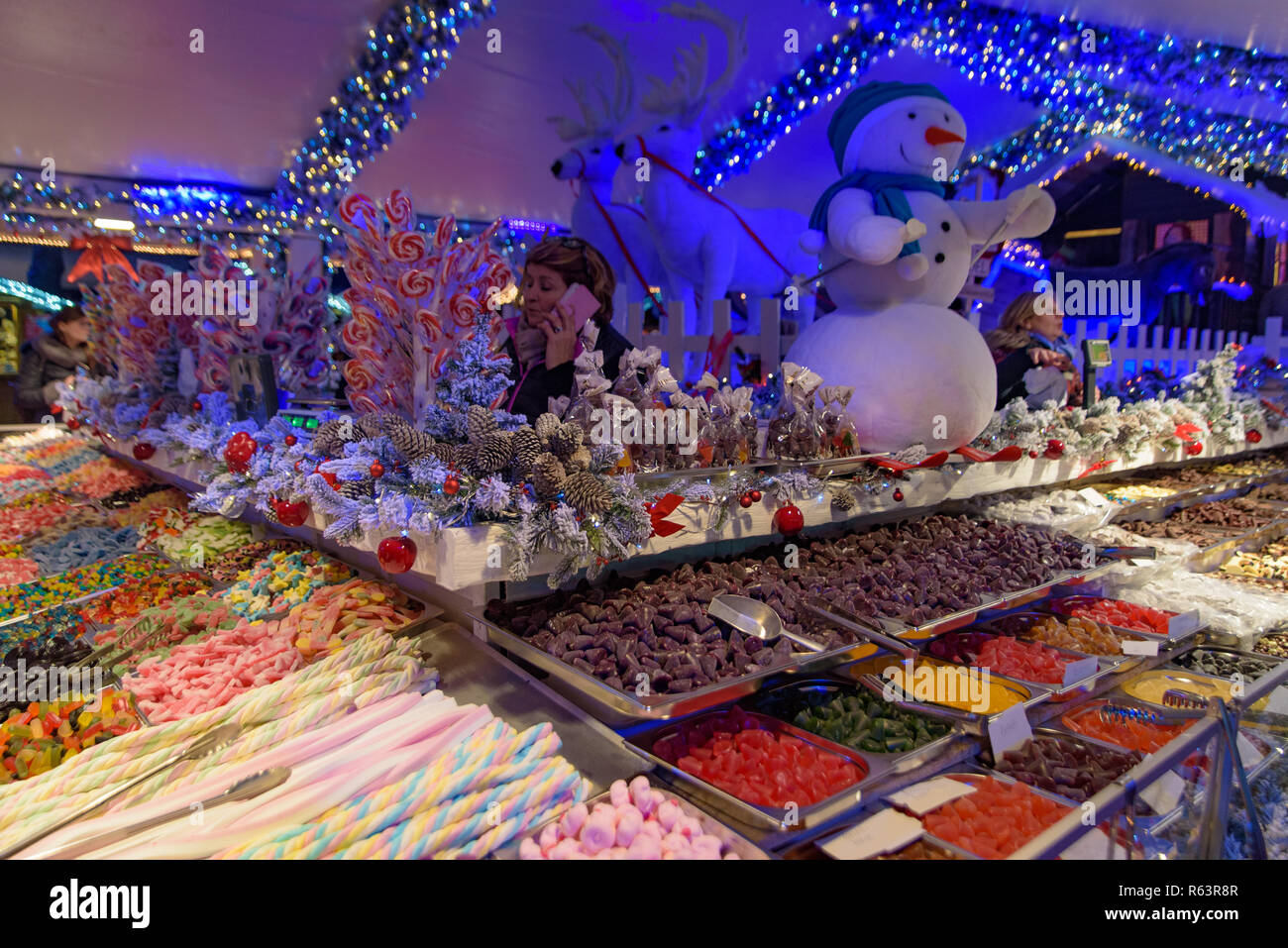 Sweet stall in 2018 Christmas market in Brussels, Belgium Stock Photo
