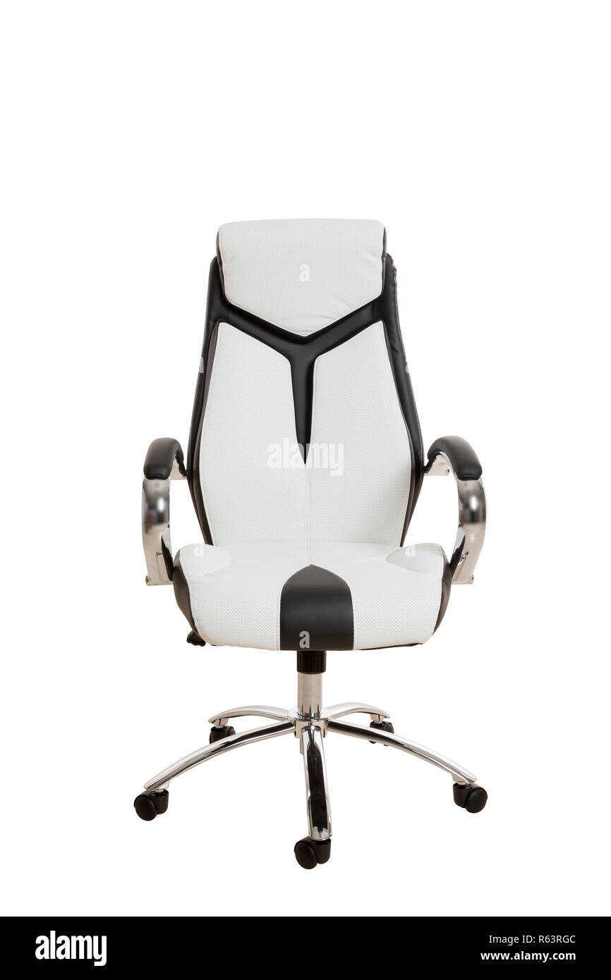 Front view of a modern office chair, upholstered in a white and black