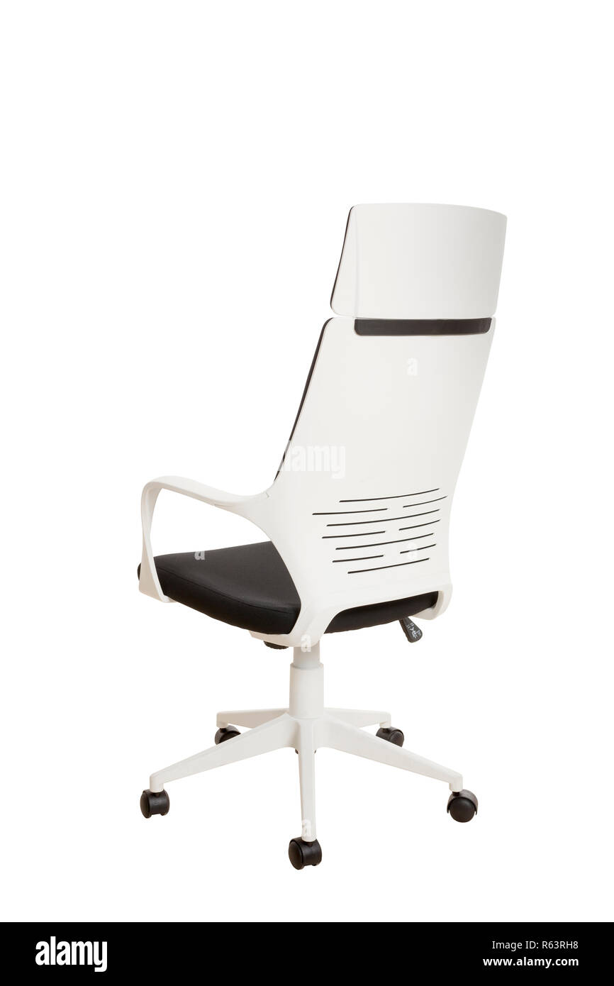 Back view of a modern office chair, made of white plastic, upholstered