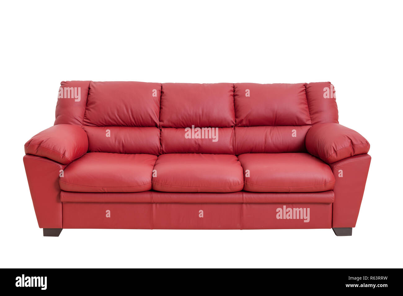 Three seats cozy leather sofa in nice red color, isolated on white - Stock image with clipping path. Sofa, Leather, Decor, Furniture, Home Interior Stock Photo