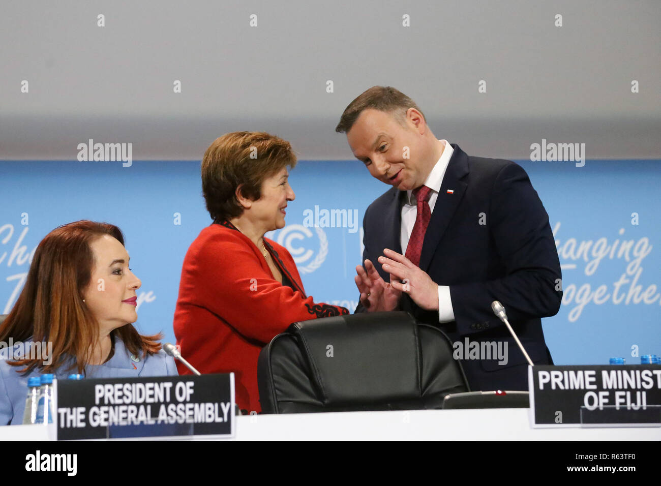 Andrzej Duda (right), President of Poland, Kristalina Georgieva (center), Chief Executive Officer of the World Bank and Maria Fernanda Espinosa Garces Stock Photo