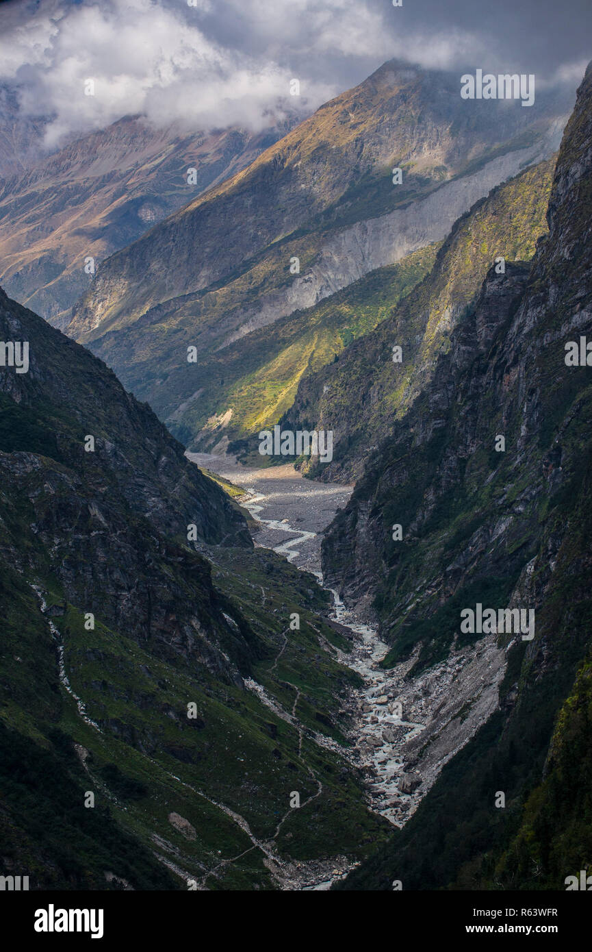 The Johar Valley and Gore Ganga river in Pithoragah District, Uttarakhand State in the Indian Himalayas. Stock Photo