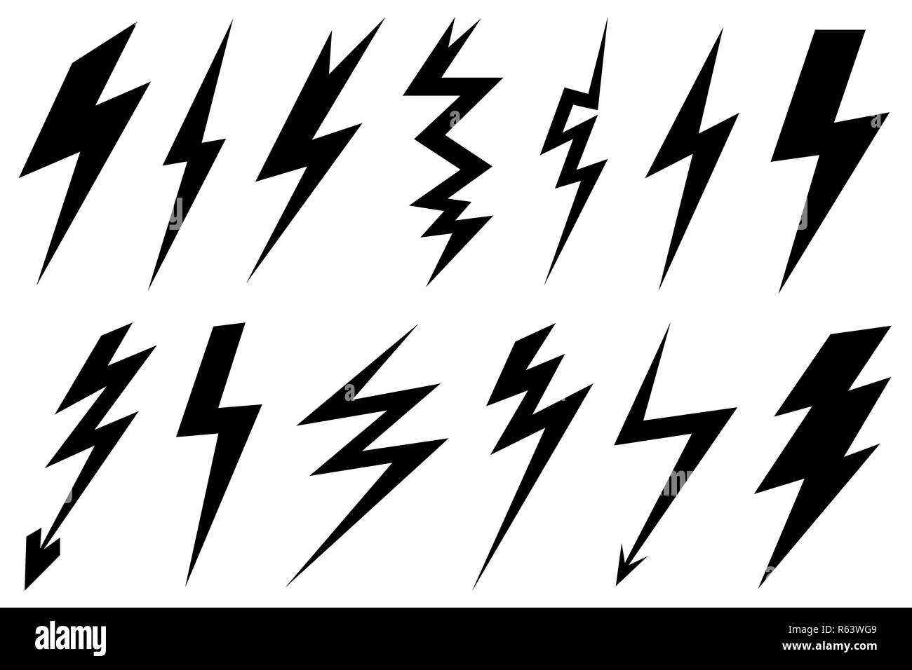 Set of different lightning bolts isolated on white Stock Photo