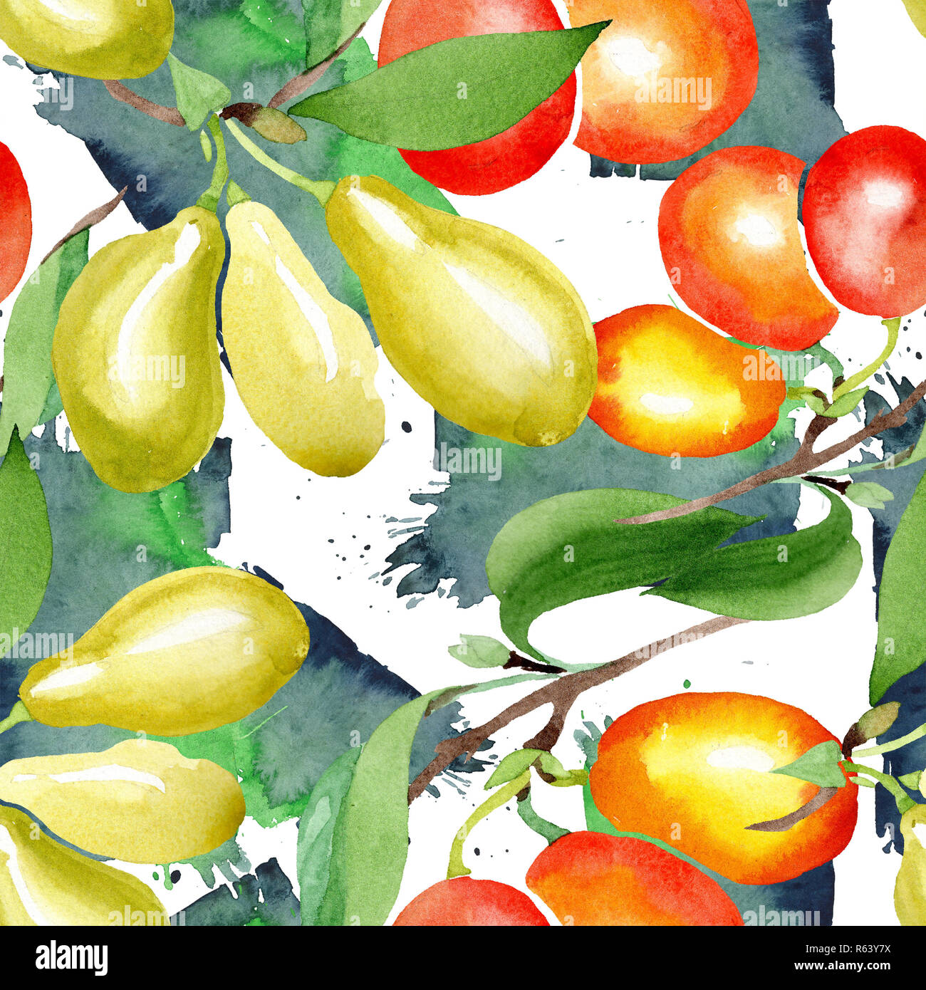 Branch cornus mas berries. Watercolor illustration set. Seamless