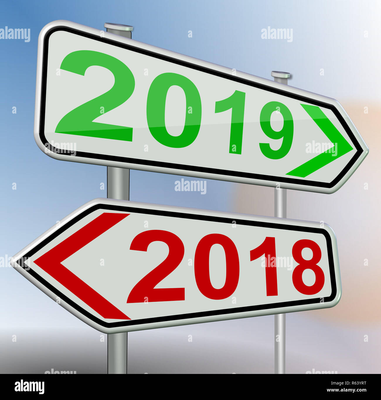 2019 2018 new  year change road sign red green 3d rendering Stock Photo