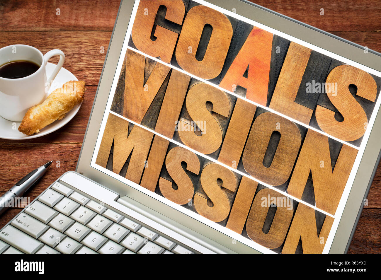 goals, vision, mission concept - word abstract in vintage letterpress ...