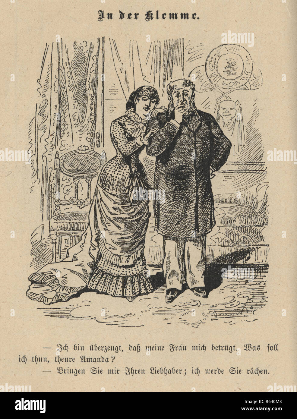 Vintage engraving of a Victorian cartoon of mature man worried that his  young wife is cheating on him , 19th Century German Stock Photo - Alamy