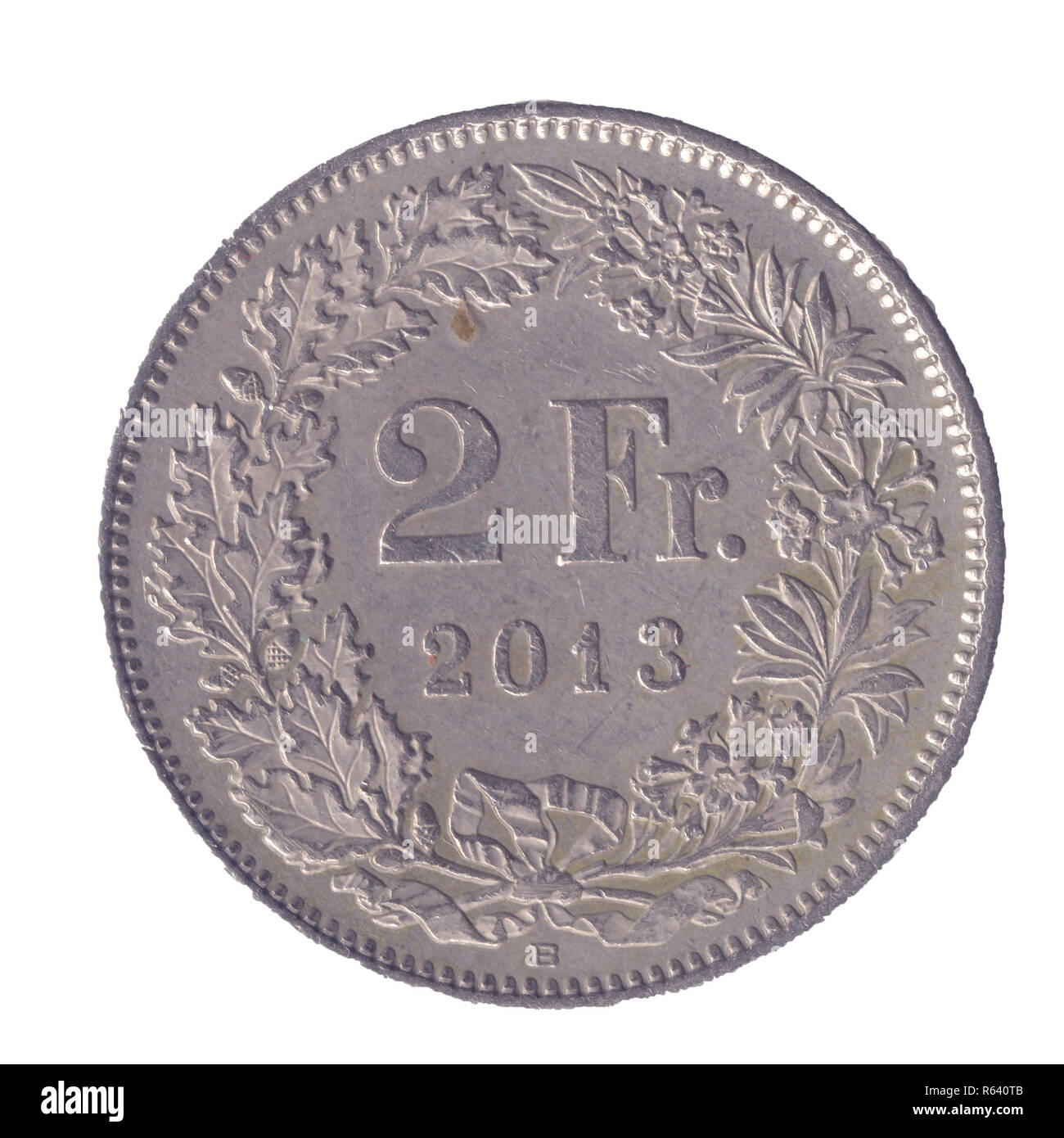 silver Two Swiss Frank coin on white background Stock Photo
