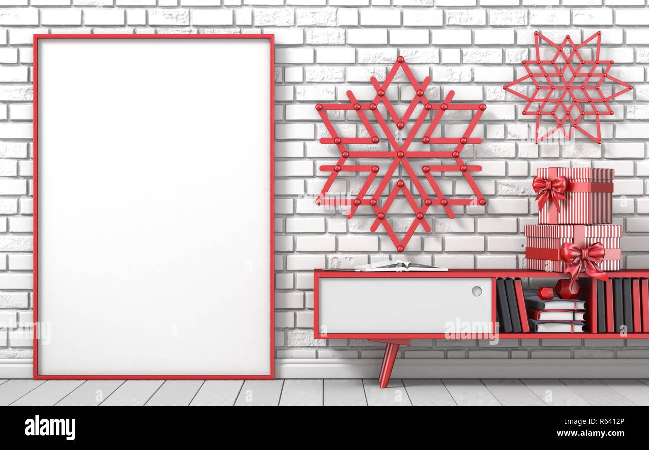 Mock up blank picture frame, Snowman and red popsicle sticks snowflakes 3D  render illustration Stock Photo - Alamy