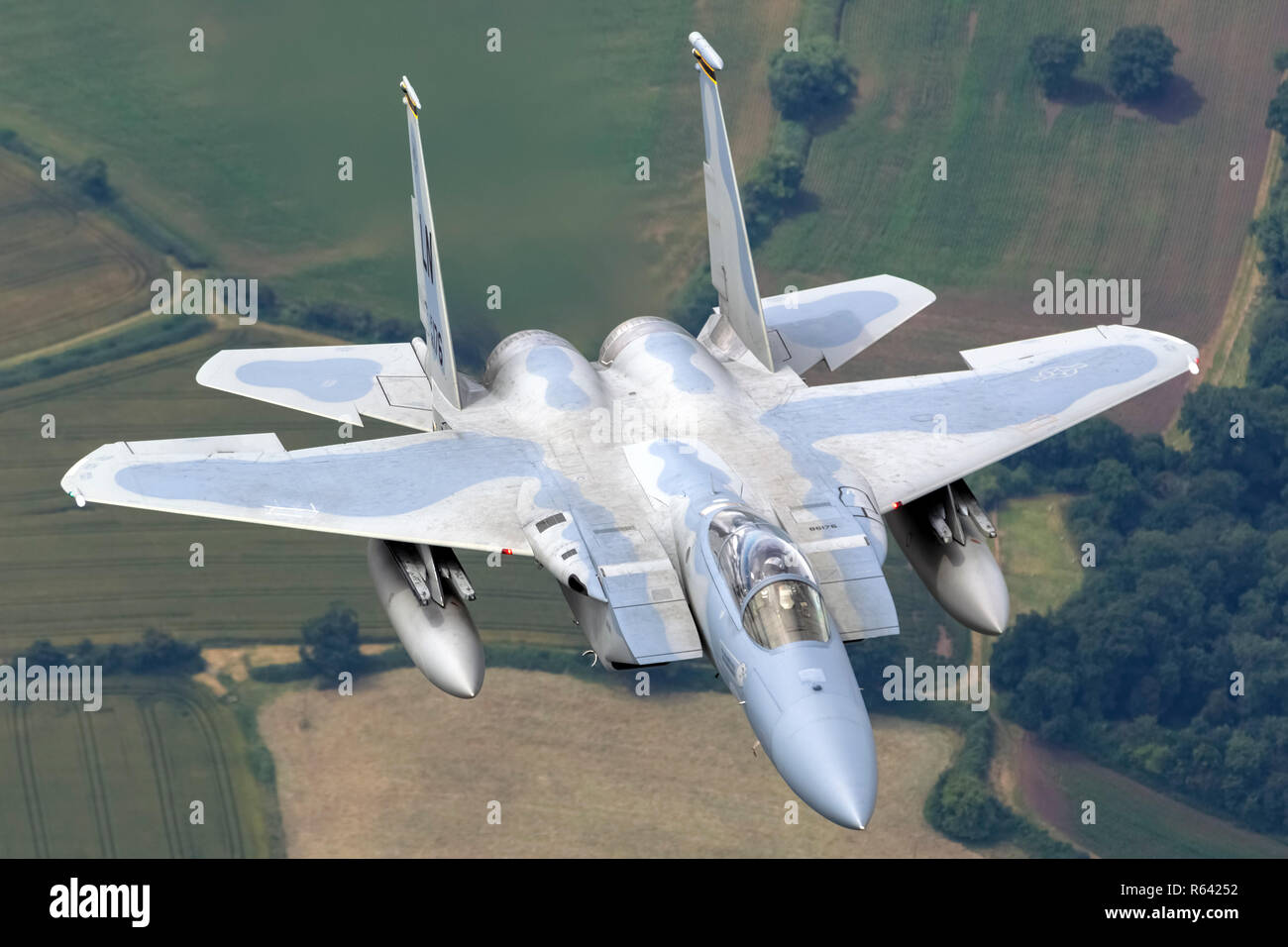 United States Air Force (USAF) McDonnell Douglas F-15 Eagle in flight. Photographed at Royal International Air Tattoo (RIAT) Stock Photo