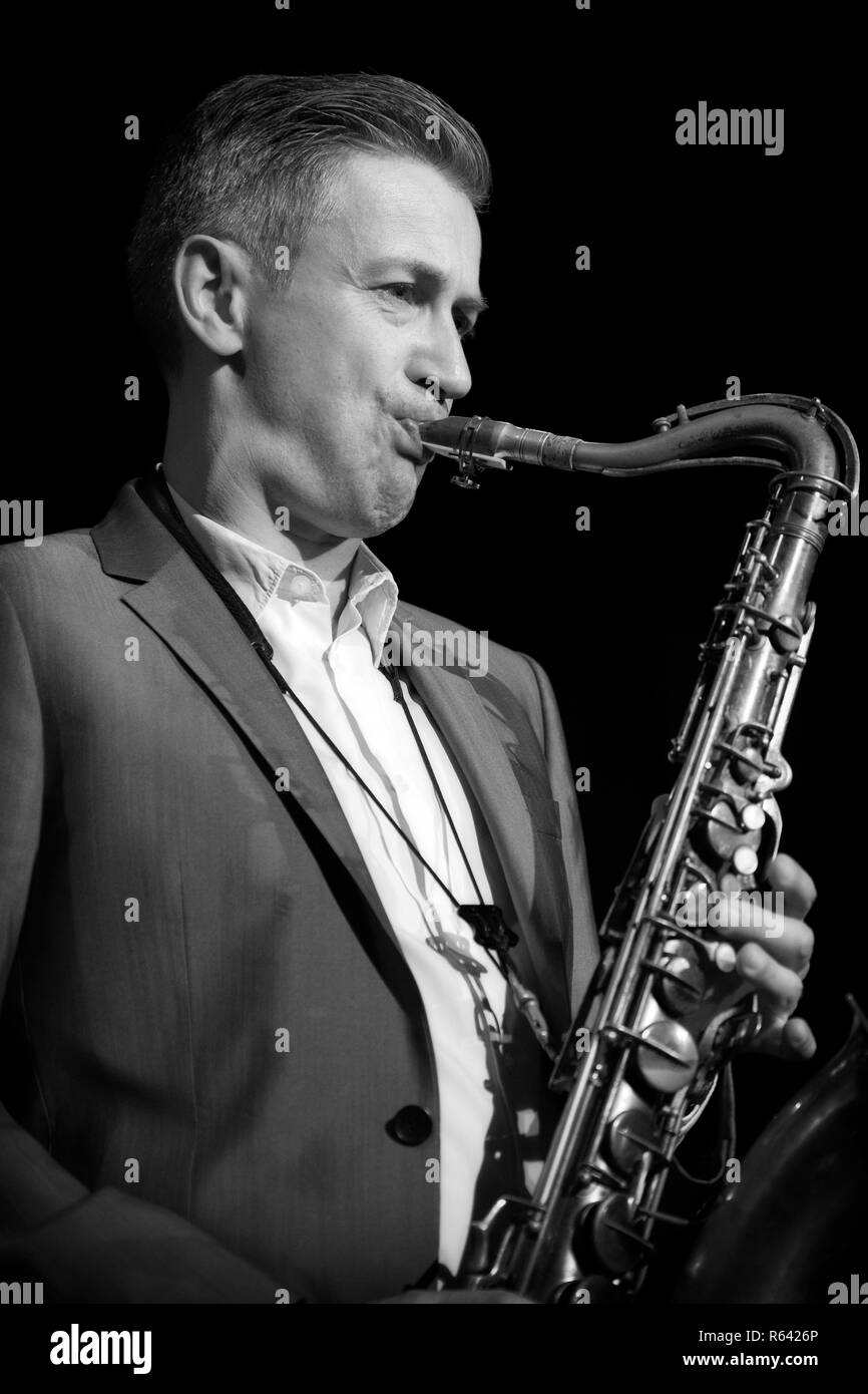 Dave O'Higgins playing tenor sax with Darius Brubeck Quartet, Brecon Jazz 2017 Stock Photo