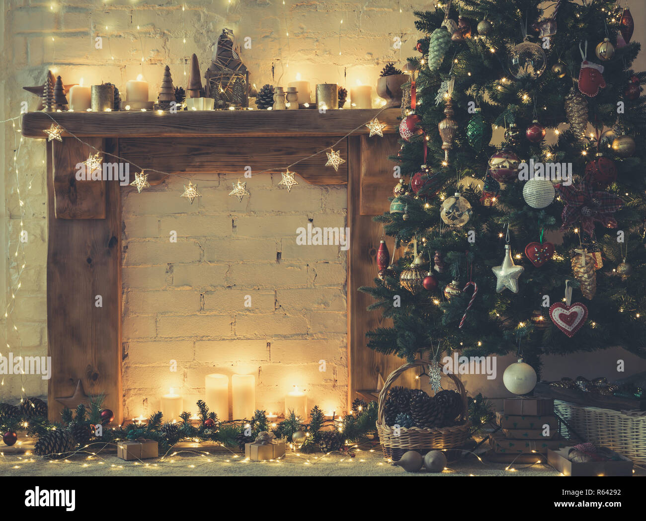 Beautiful Christmas Background Decorated Fireplace With Solid