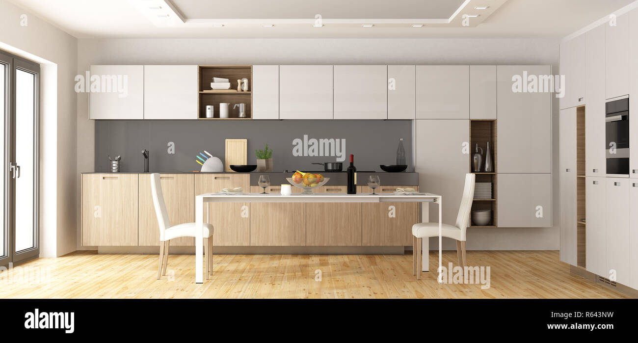 Modern wooden and white kitchen Stock Photo - Alamy