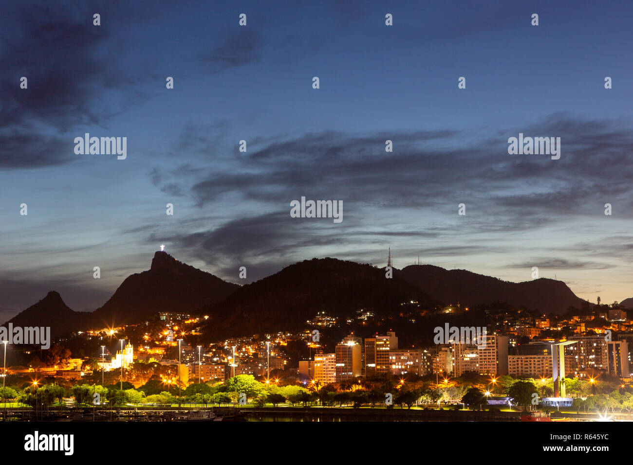 Beautiful panoramic view of the city of Rio de Janeiro with corcovado at dusk. Stock Photo