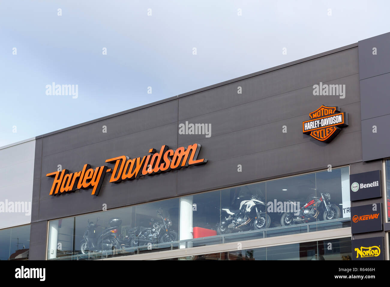 Harley Davidson logo in a dealership motorbike store, with some motorbikes on sale Stock Photo