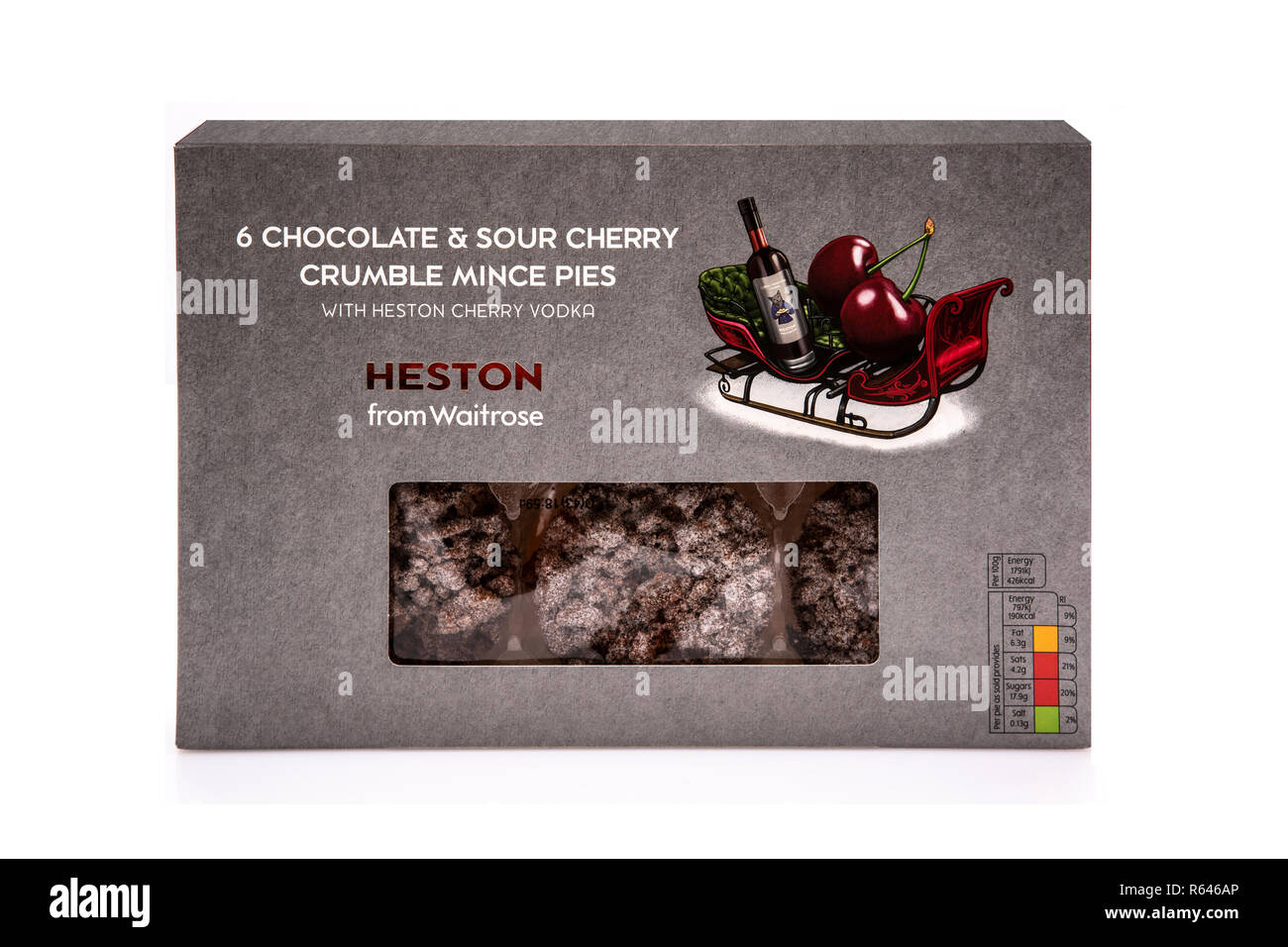 SWINDON, UK - DECEMBER 2, 2018:  Heston From Waitrose 6 Chocolate and Sour Cherry Crumble Mince Pies with Heston Cherry Vodka on a white background Stock Photo