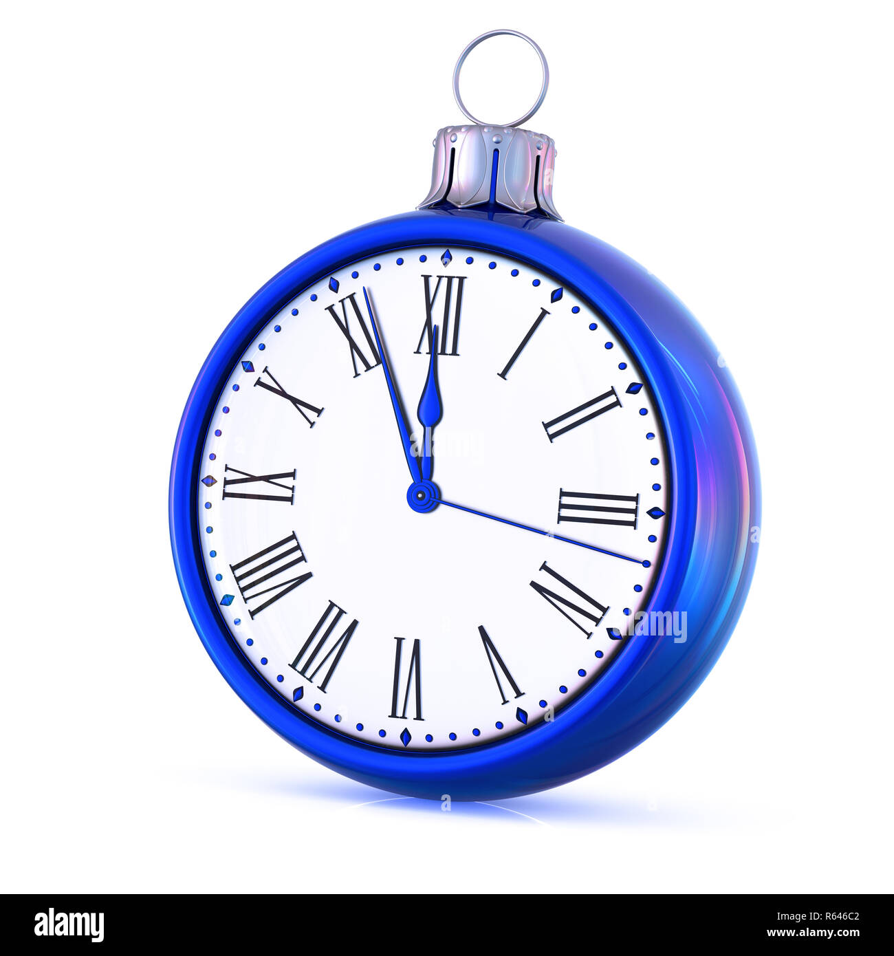 Clock New Year's Day last hour midnight time countdown pressure, Christmas ball decoration ornament blue silver adornment bauble. Happy wintertime hol Stock Photo