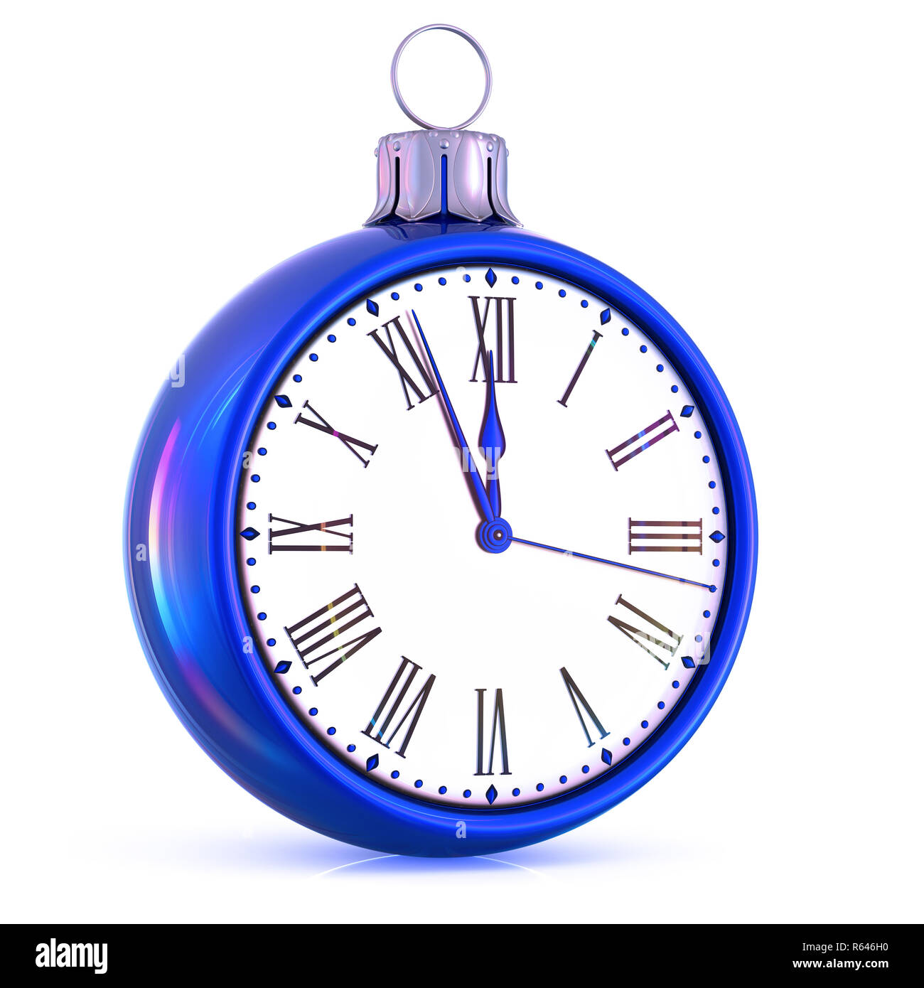 New Year 12 clock last hour midnight time countdown pressure. Christmas ball decoration ornament white blue adornment bauble. Happy wintertime holiday Stock Photo