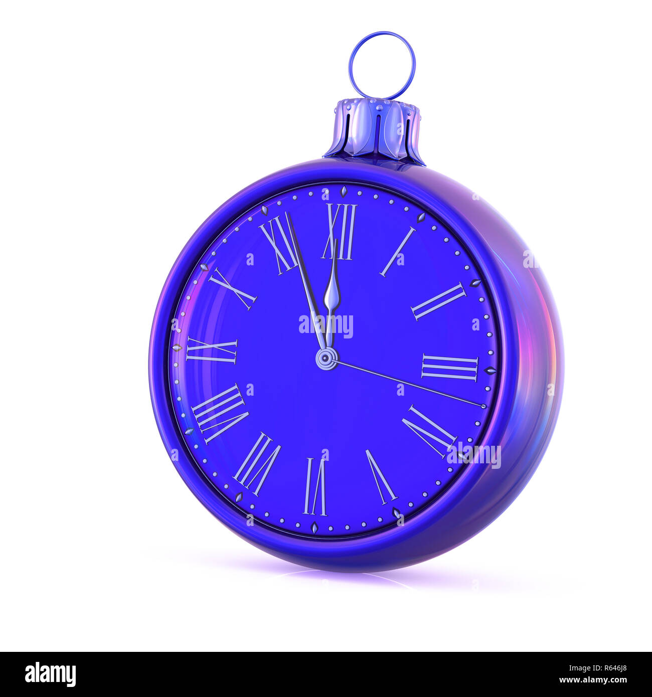 Clock Christmas ball blue New Year's Day midnight last hour countdown pressure. Decoration time ornament adornment bauble. Happy wintertime holidays b Stock Photo